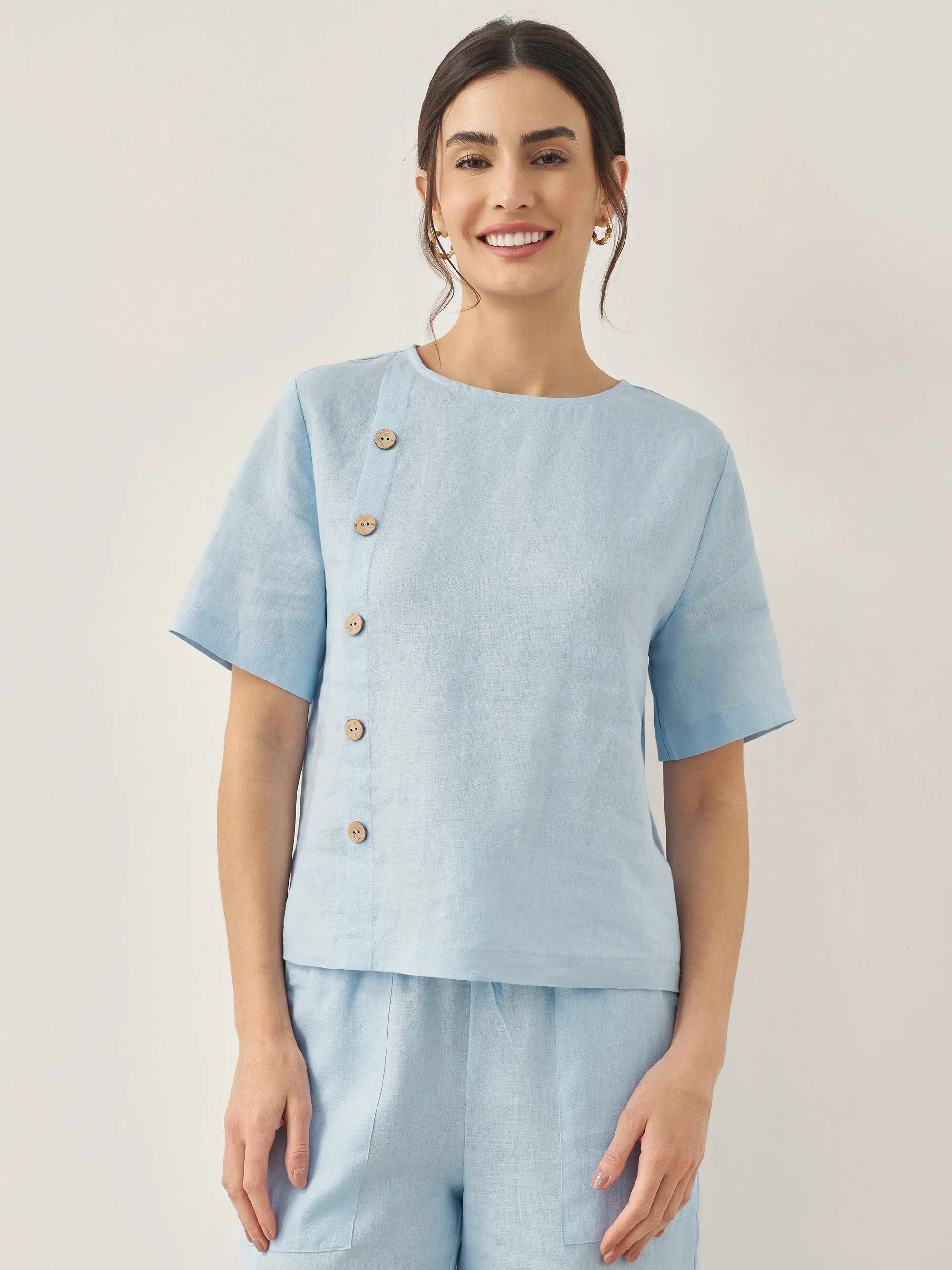 100% Linen Short-Sleeve Round Neck Button Detail Top & Pants Set JOSIE - Baby Blue / Tops / S - SETS-Linen Sets