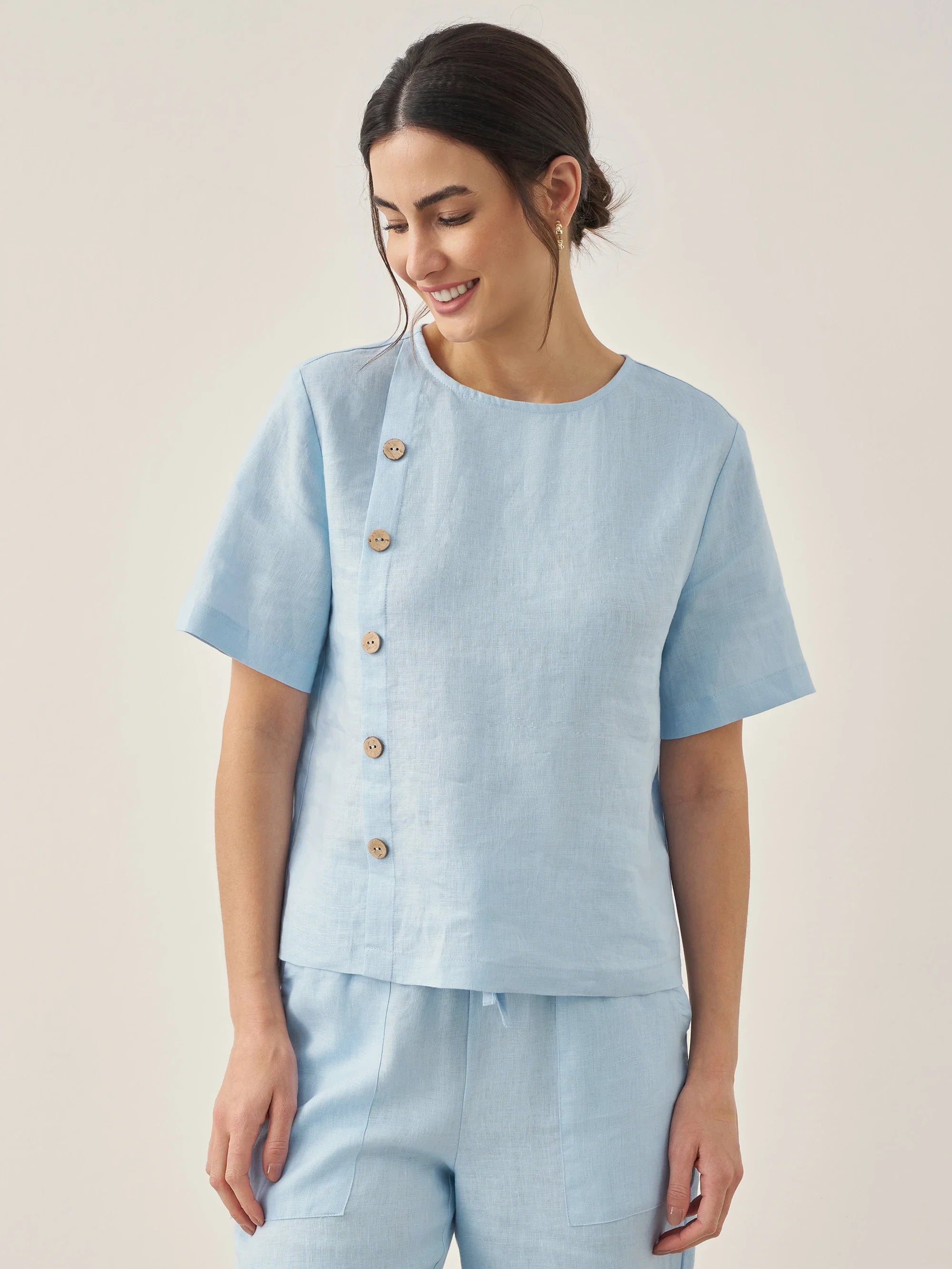 100% Linen Short-Sleeve Round Neck Button Detail Top & Pants Set JOSIE - SETS-Linen Sets