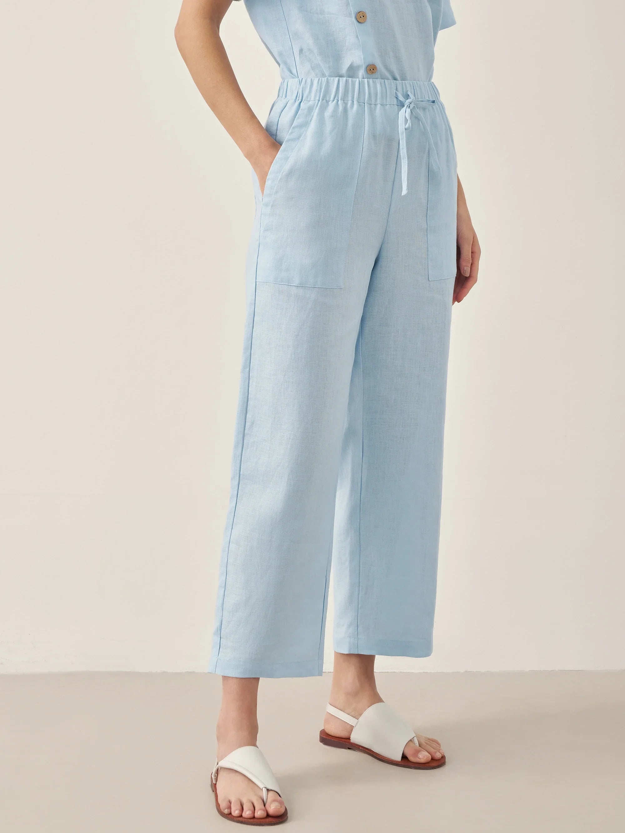 100% Linen Short-Sleeve Round Neck Button Detail Top & Pants Set JOSIE - Baby Blue / Bottoms / S - SETS-Linen Sets