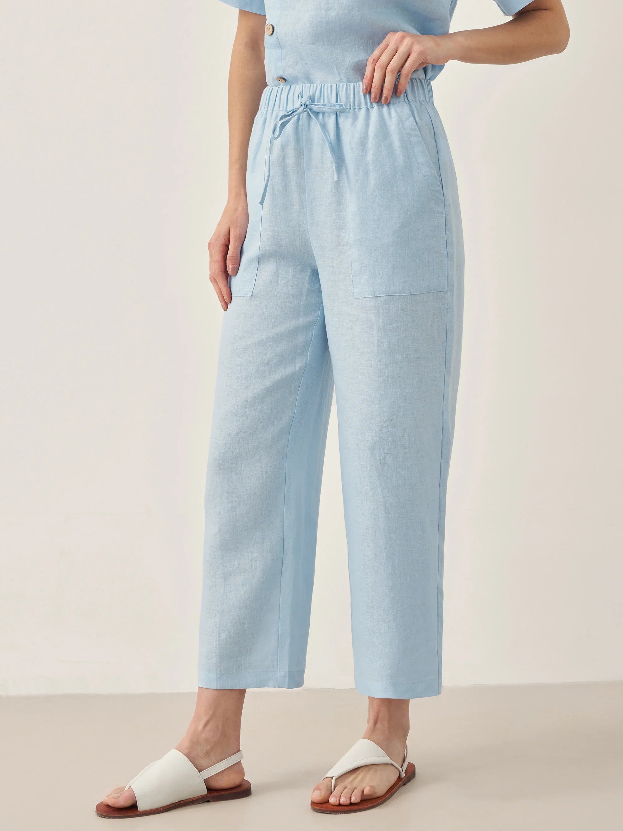 100% Linen Short-Sleeve Round Neck Button Detail Top & Pants Set JOSIE - SETS-Linen Sets