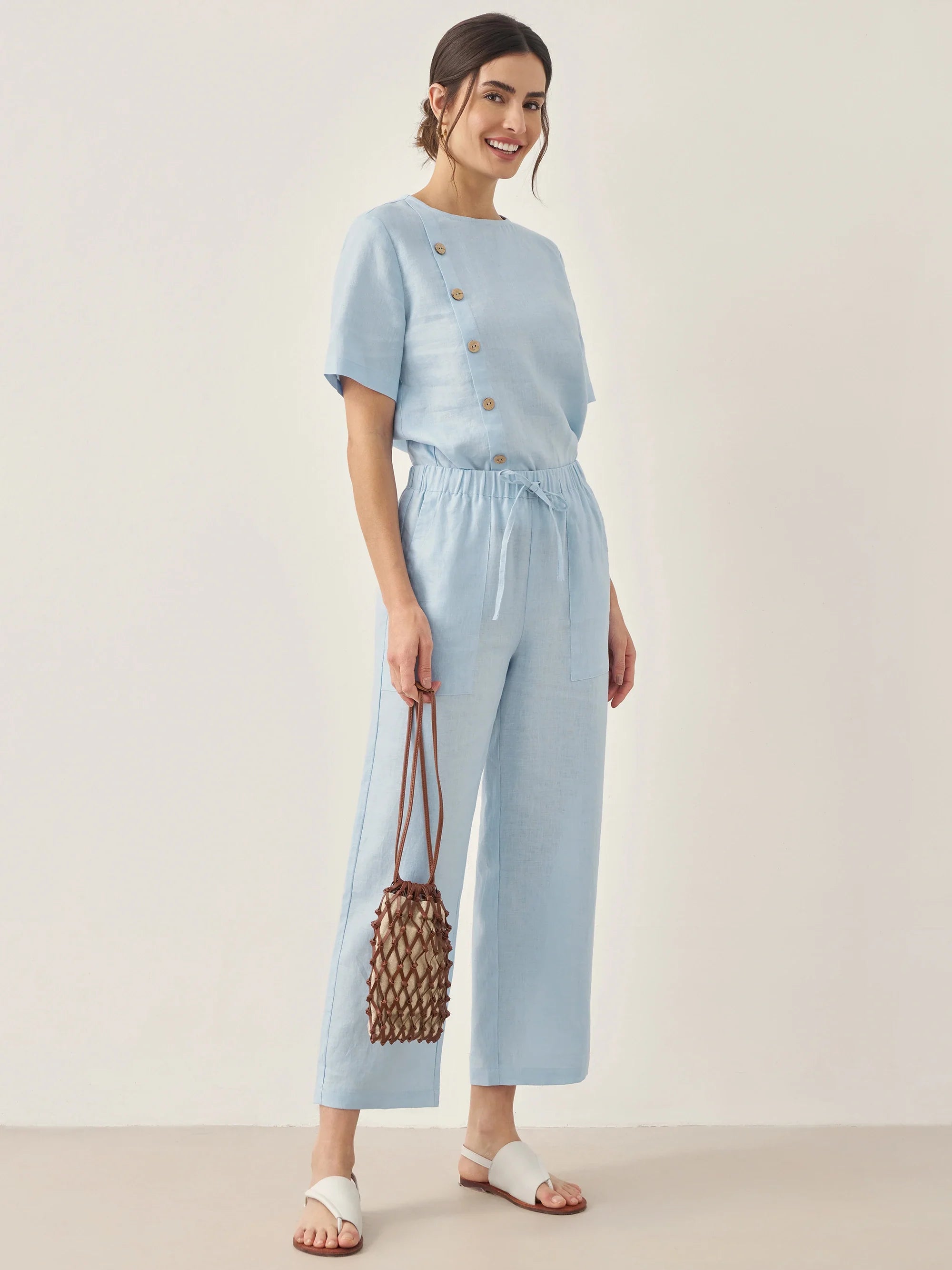 100% Linen Short-Sleeve Round Neck Button Detail Top & Pants Set JOSIE - SETS-Linen Sets