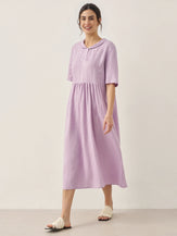 100% Linen Shawl V-Neck Pleated Maxi Dress - DRESSES-Linen