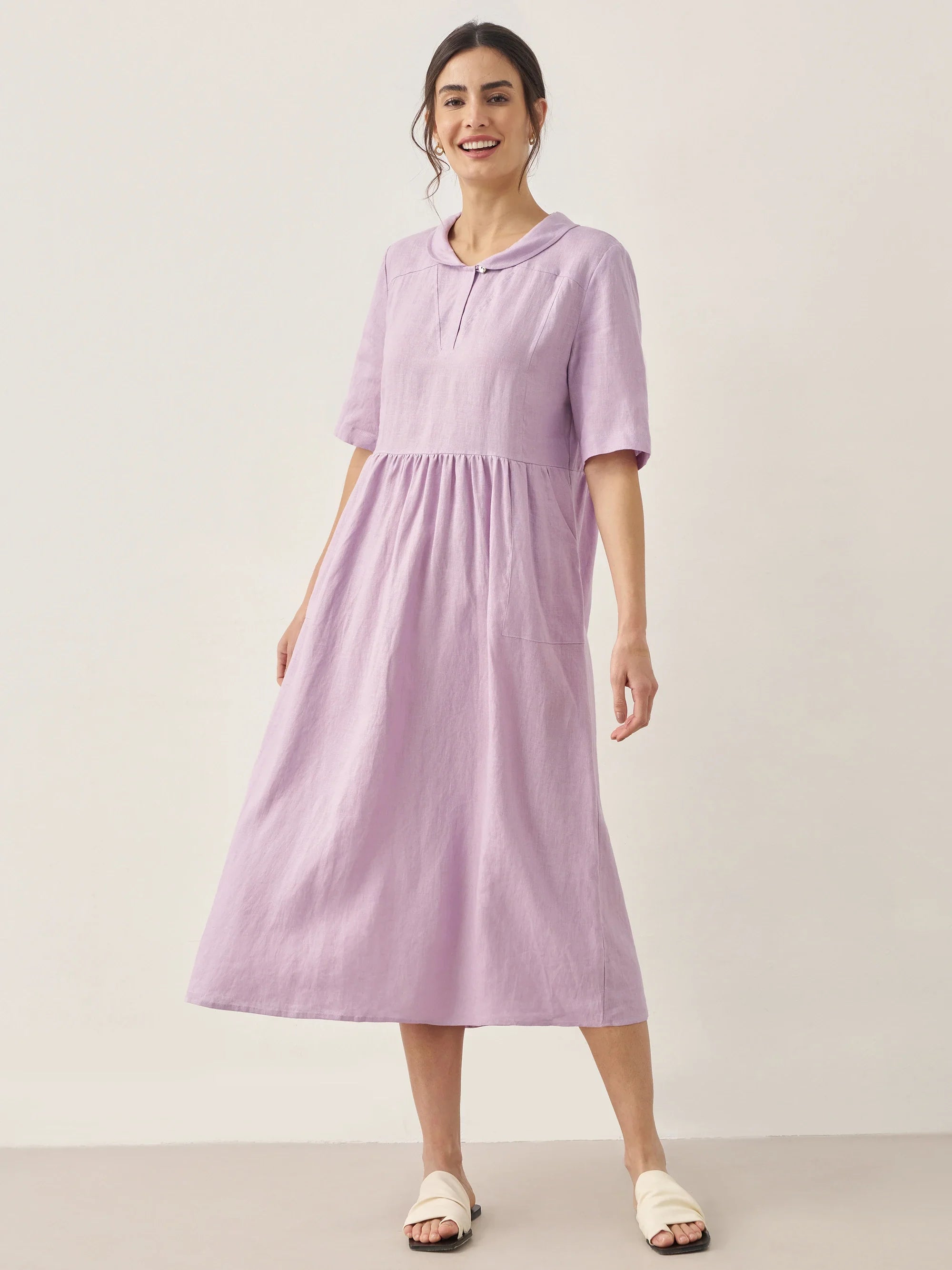 100% Linen Shawl V-Neck Pleated Maxi Dress - Lavender / S - DRESSES-Linen