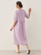 100% Linen Shawl V-Neck Pleated Maxi Dress - DRESSES-Linen