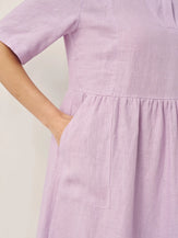 100% Linen Shawl V-Neck Pleated Maxi Dress - DRESSES-Linen