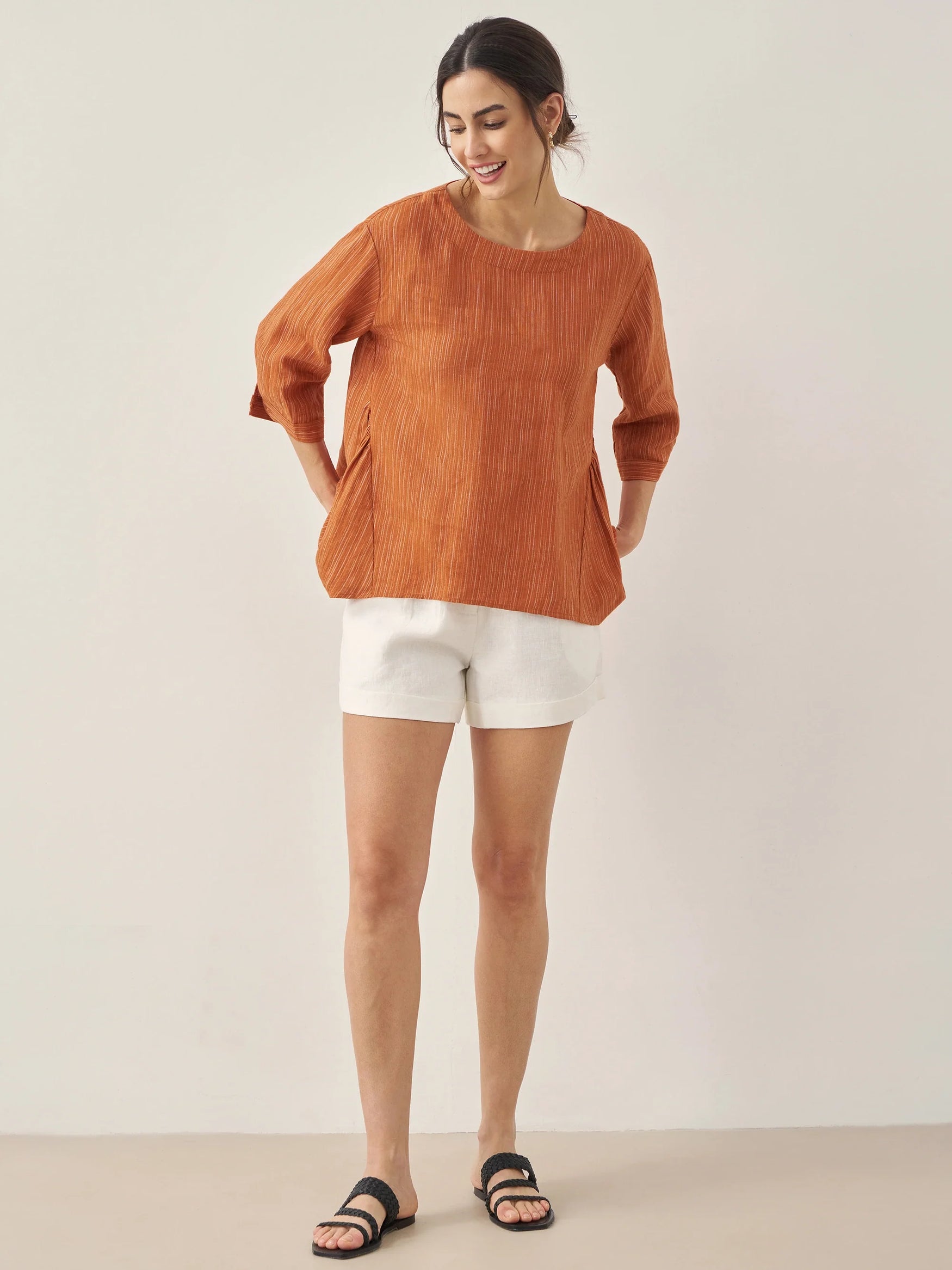 100% Linen Round Neck Artistic Stripe Top - TOPS-Linen Blouses
