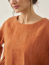 100% Linen Round Neck Artistic Stripe Top - TOPS-Linen Blouses