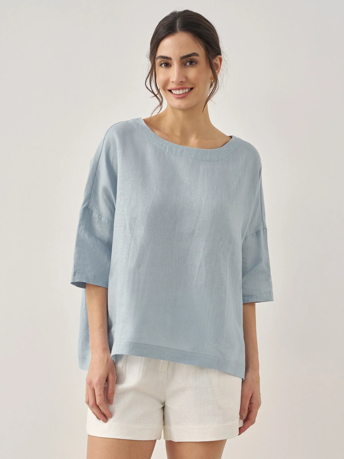 100% Linen Boatneck 3 4 Length Sleeve Top AURORA