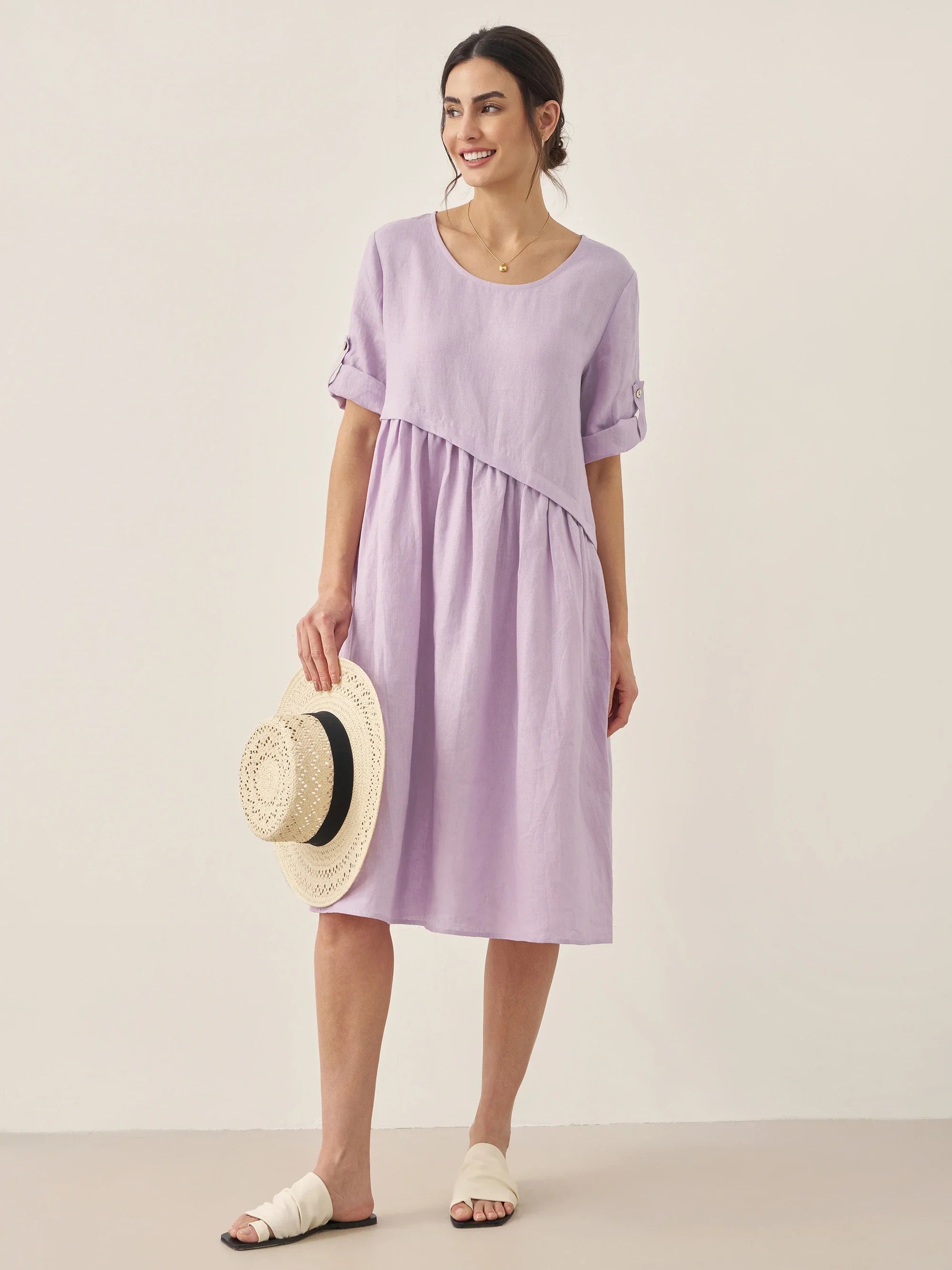 100% Linen Asymmetrical Pleated Round Neck Midi Dress - DRESSES-Linen