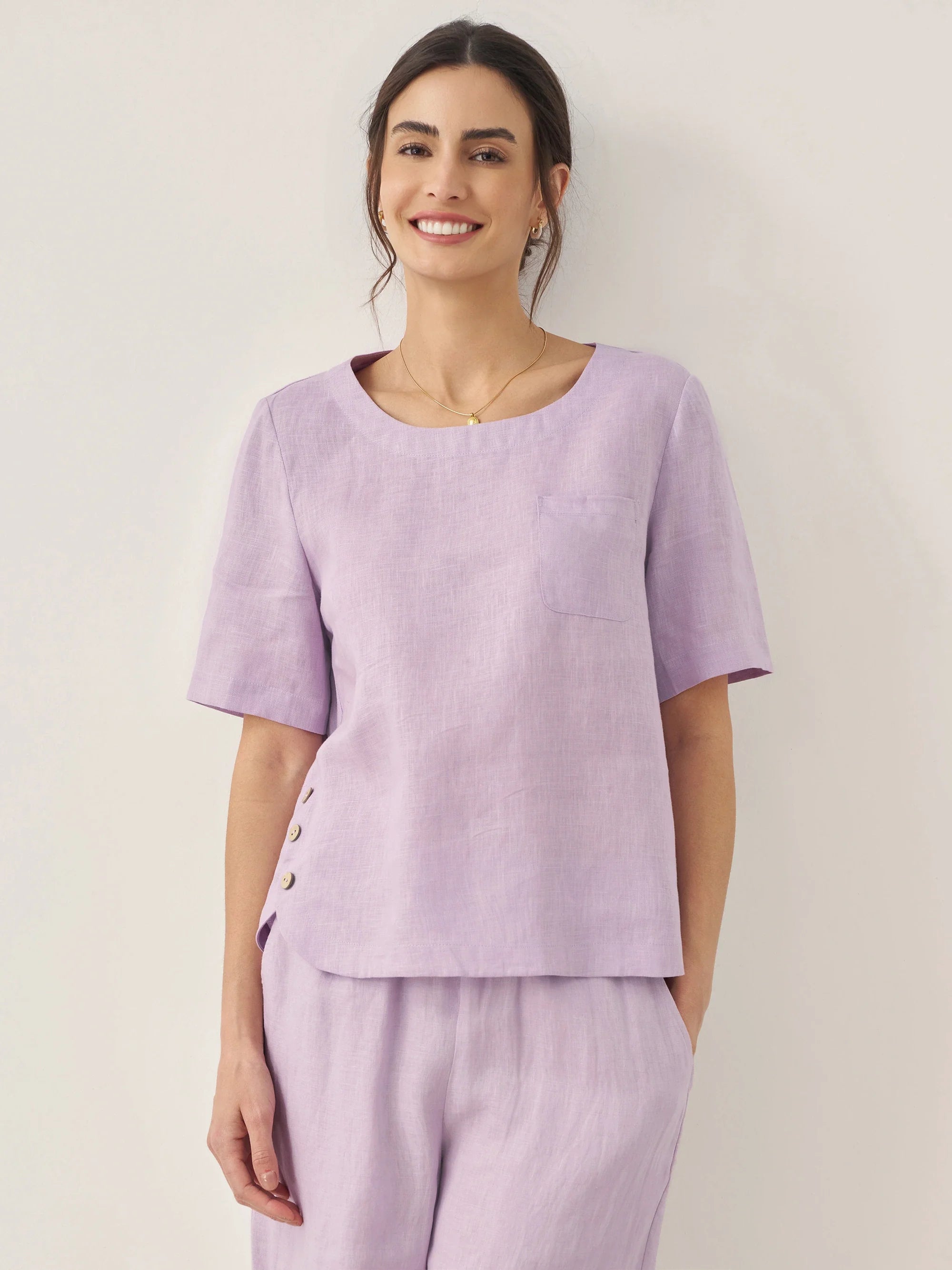 100% Linen Short-Sleeve Round Neck Button Detail Top & Pants Set - Lavender / Tops / S - SETS-Linen Sets