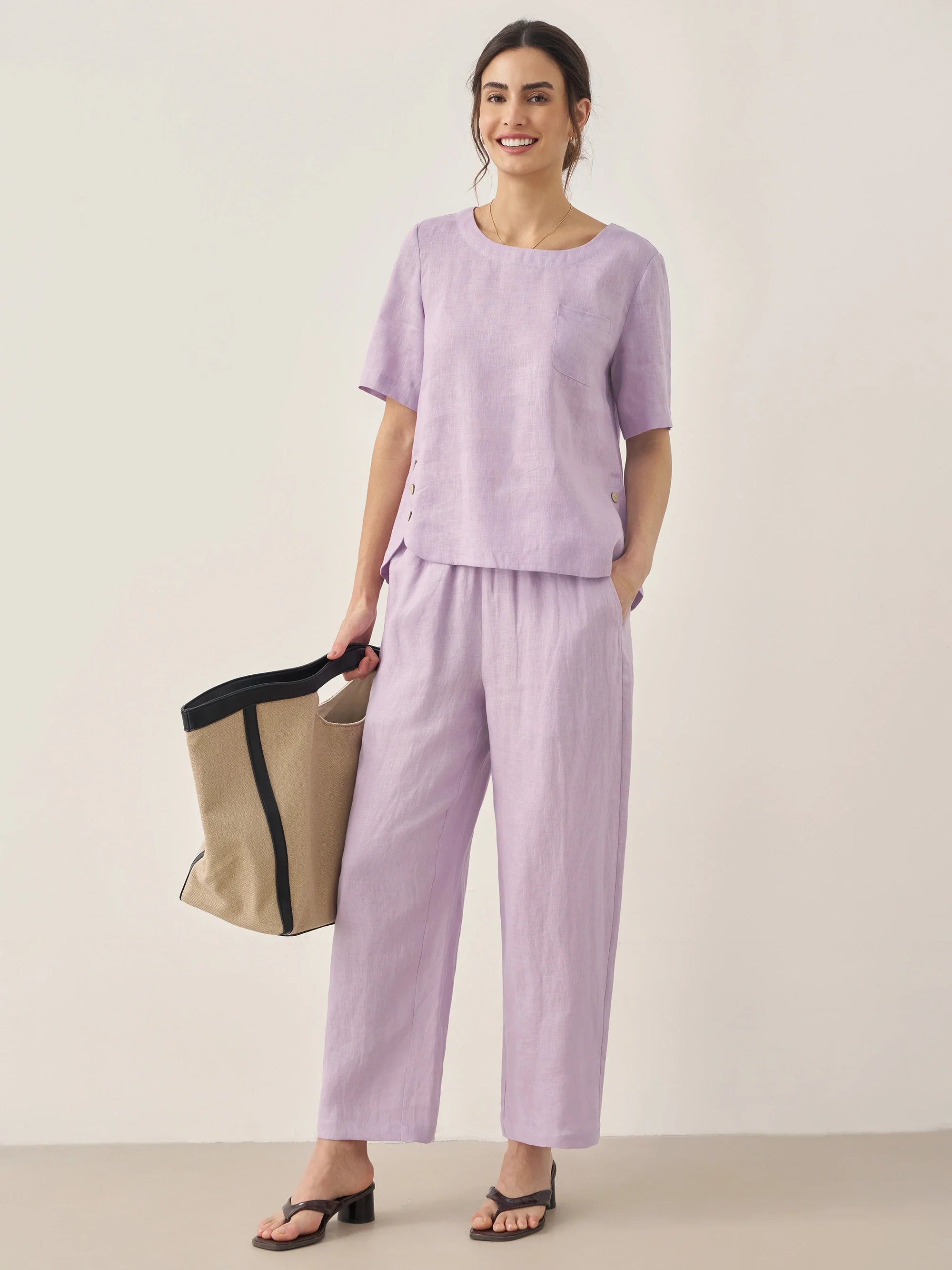 100% Linen Short-Sleeve Round Neck Button Detail Top & Pants Set - SETS-Linen Sets