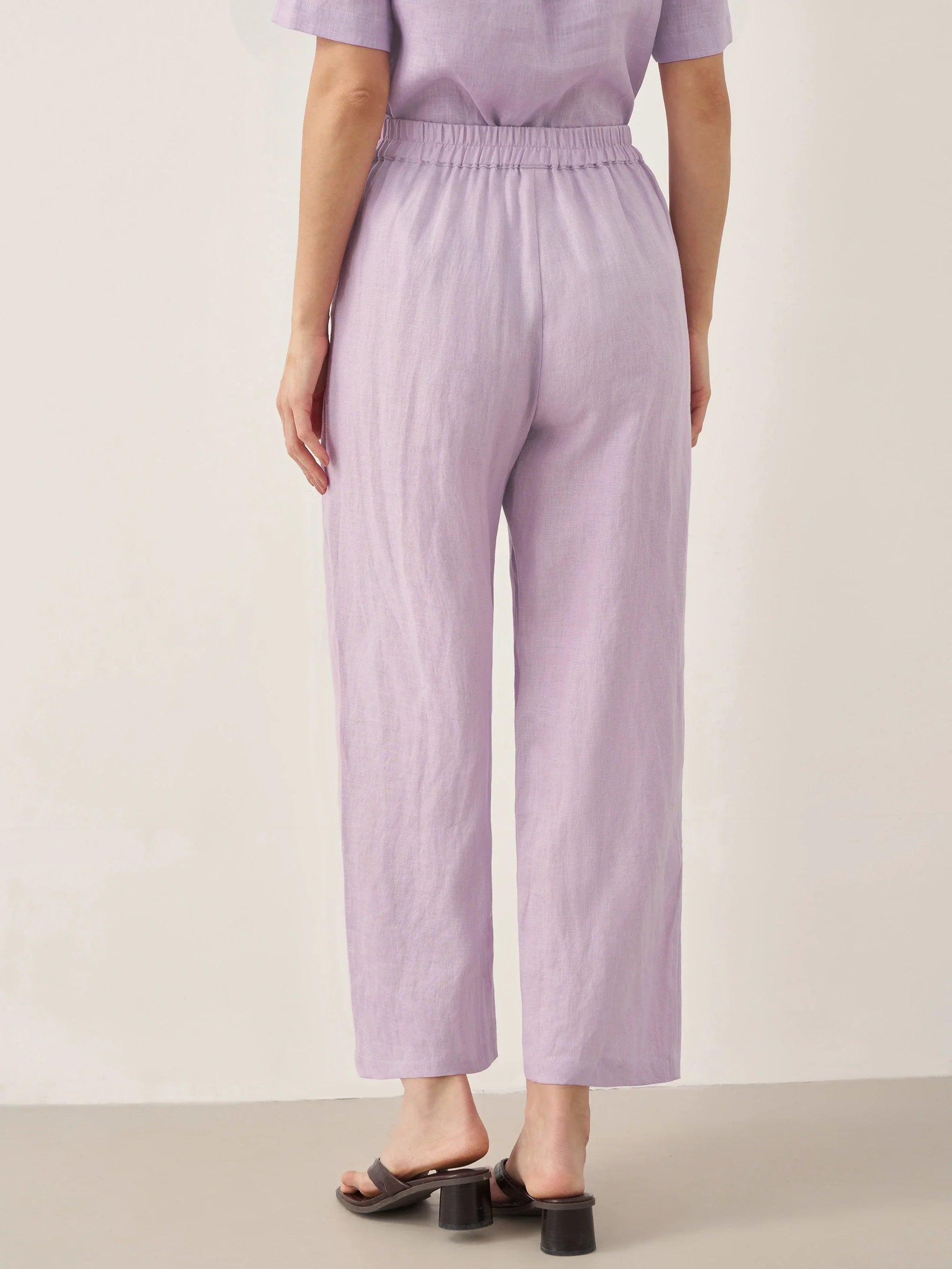 100% Linen Short-Sleeve Round Neck Button Detail Top & Pants Set - SETS-Linen Sets