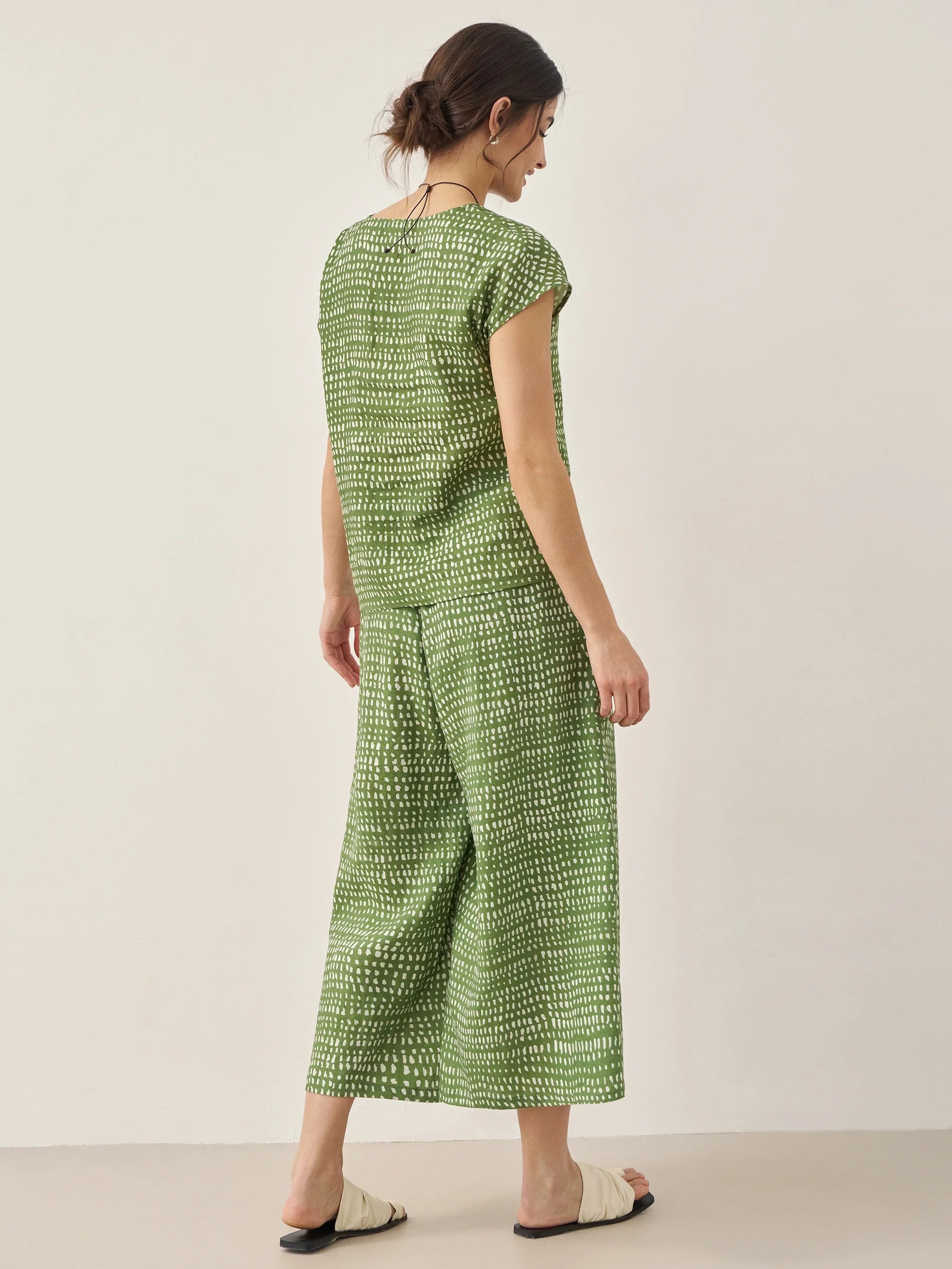 100% Linen Polka Dot Skirt-Pants with Elastic Waist LUMI - BOTTOMS-Linen Pants