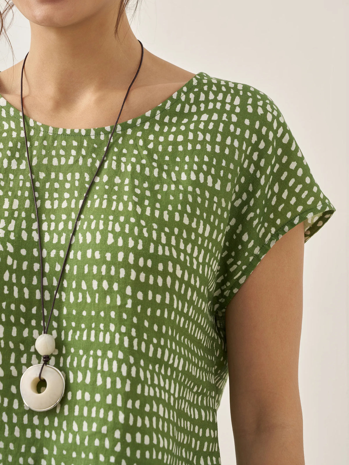 100% Linen Polka Dot Round Neck Top LISSA - TOPS-Linen Blouses