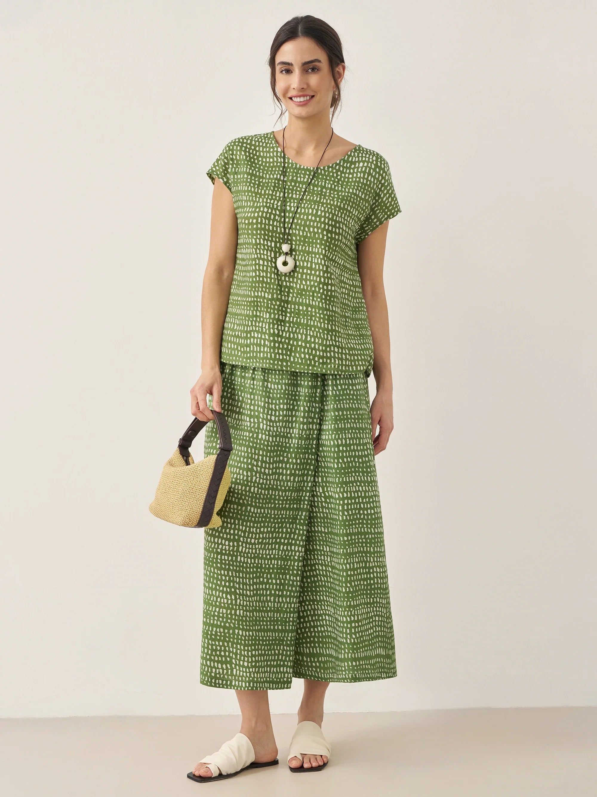 100% Linen Polka Dot Round Neck Top LISSA - TOPS-Linen Blouses