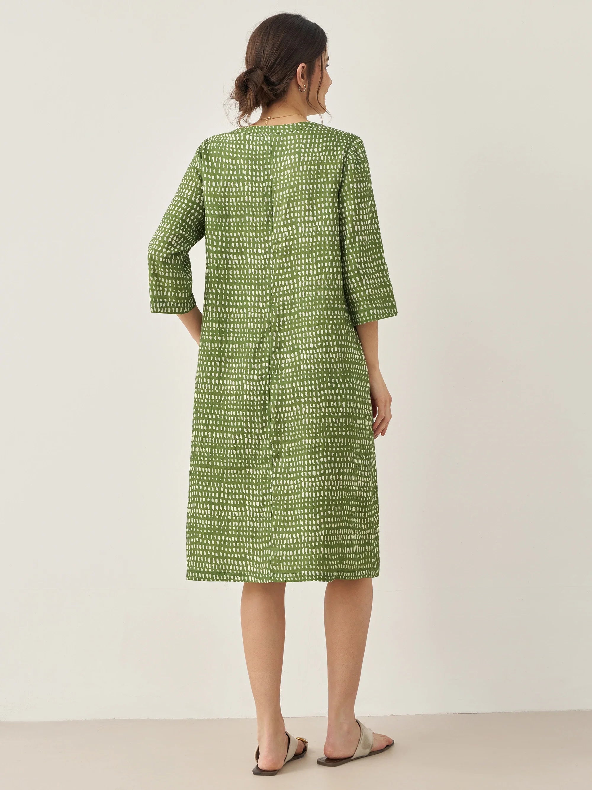 100% Linen V-Neck Polka Dot Midi Dress LIRA - DRESSES-Linen