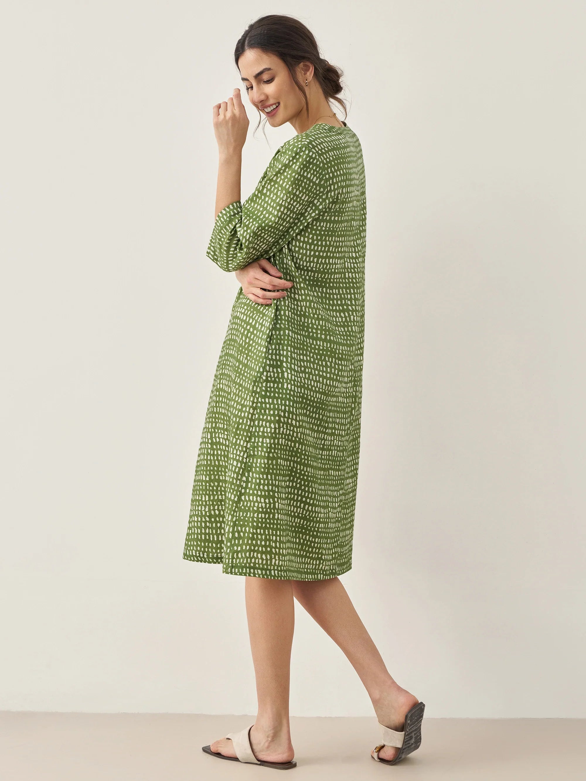 100% Linen V-Neck Polka Dot Midi Dress LIRA - DRESSES-Linen