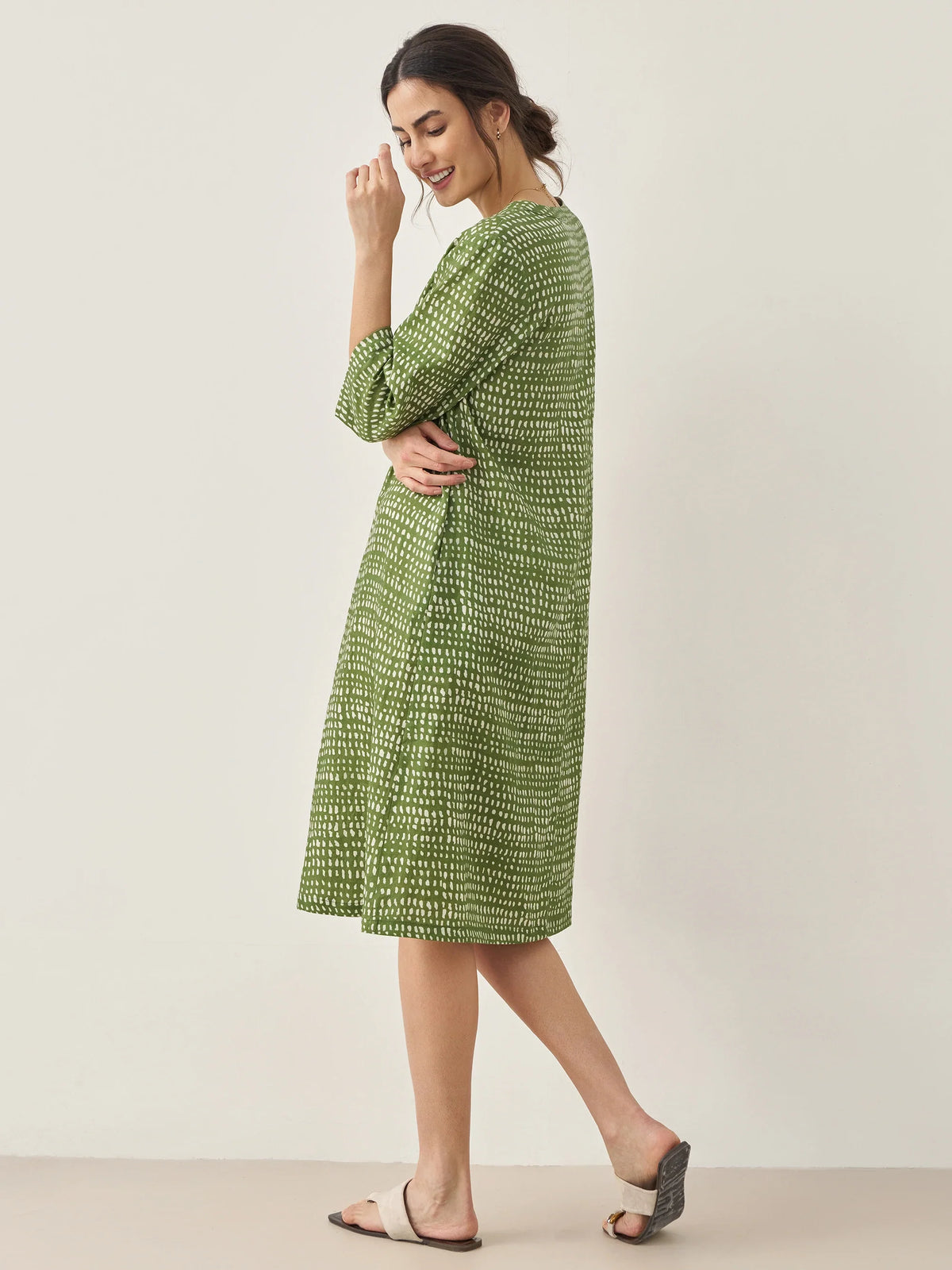 Robe midi 100% lin à pois et col V LIRA - ROBES-Lin