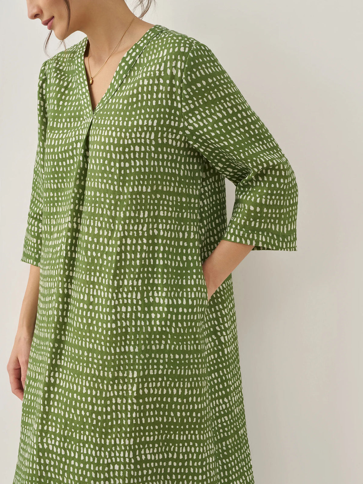 Robe midi 100% lin à pois et col V LIRA - ROBES-Lin