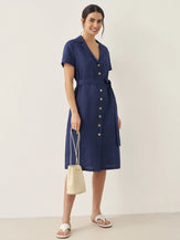 Robe chemise femme EILEEN boutonnée devant à col V en 100% lin de LINTICO