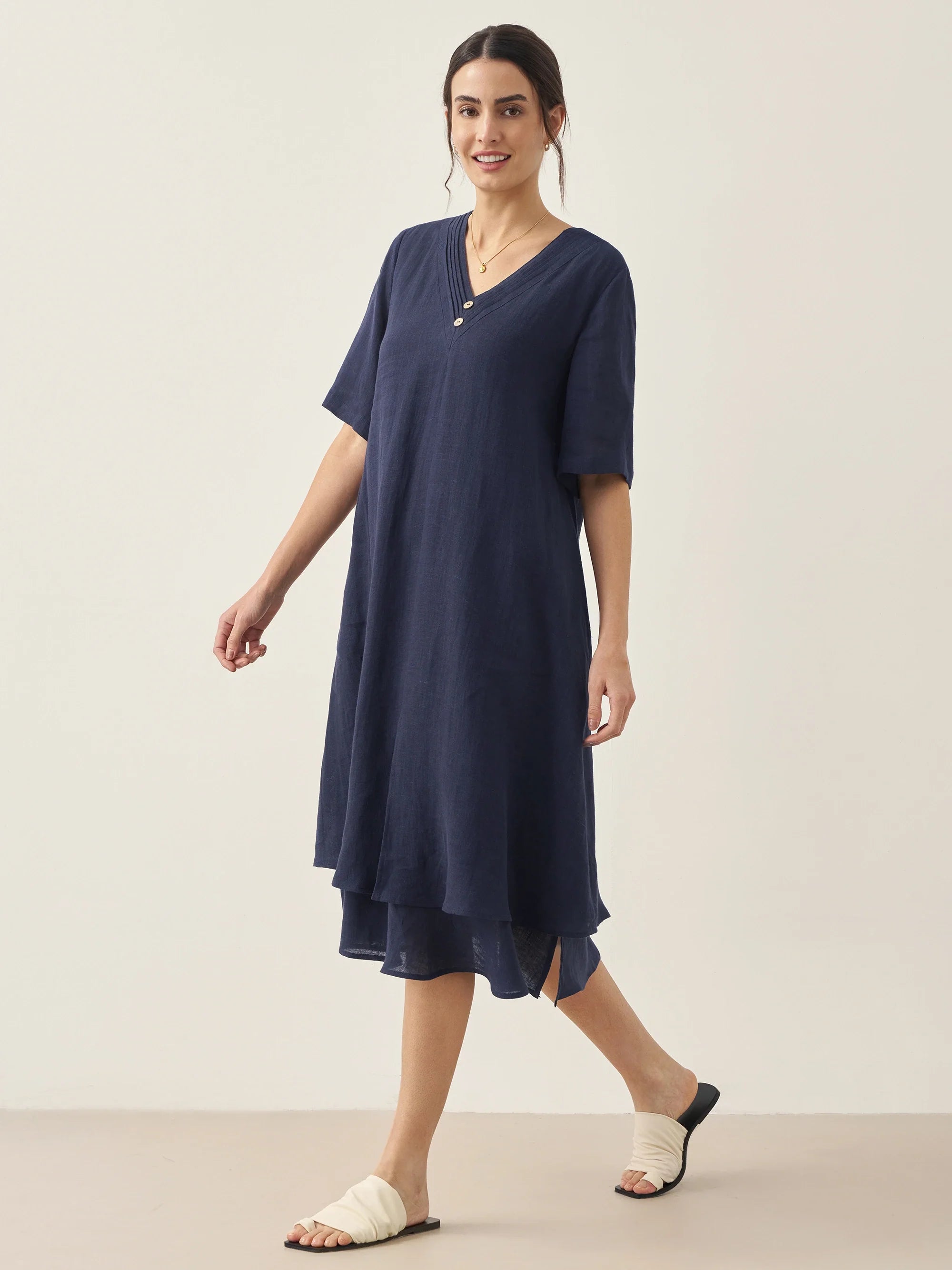 100% Linen V-Neck Double-Layer Midi Dress JAYDA - DRESSES-Linen