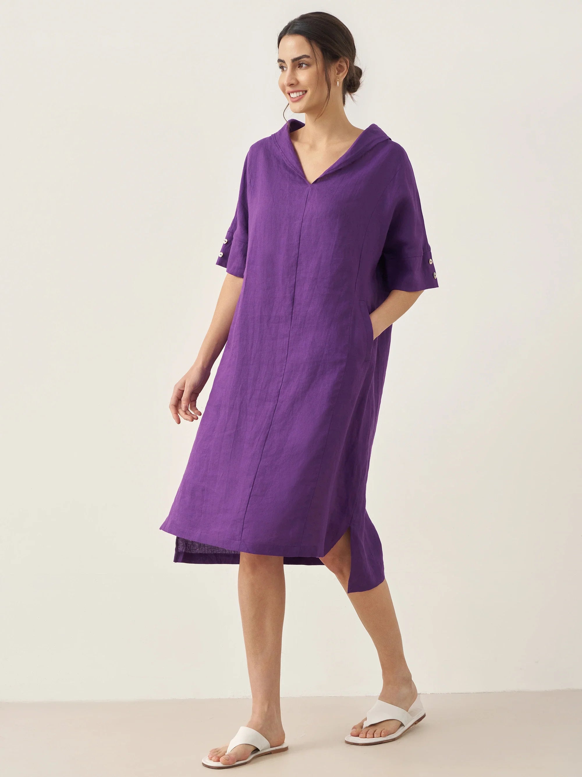 100% Linen V-Neck Pullover Midi Dress - DRESSES-Linen