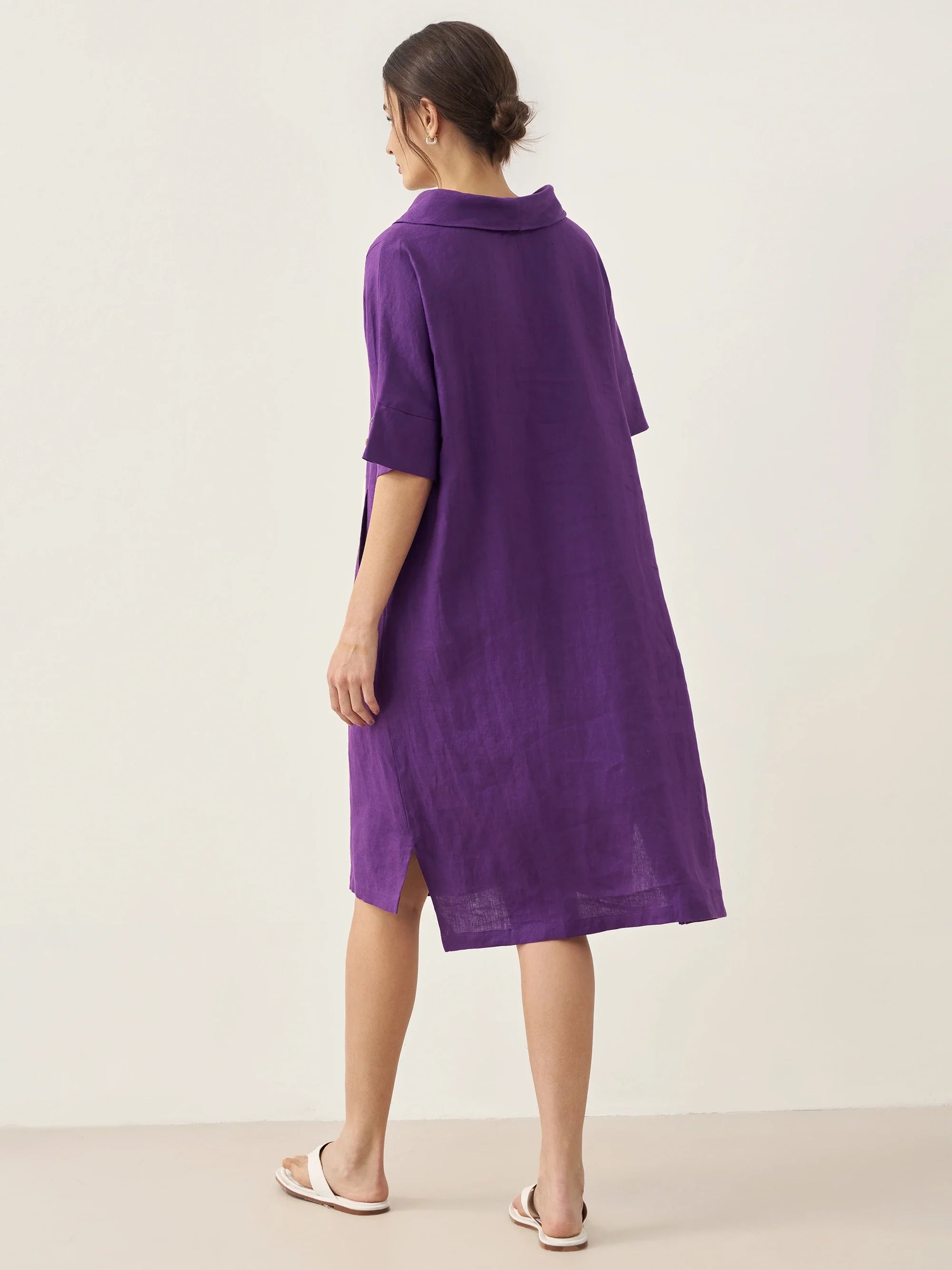 100% Linen V-Neck Pullover Midi Dress - DRESSES-Linen