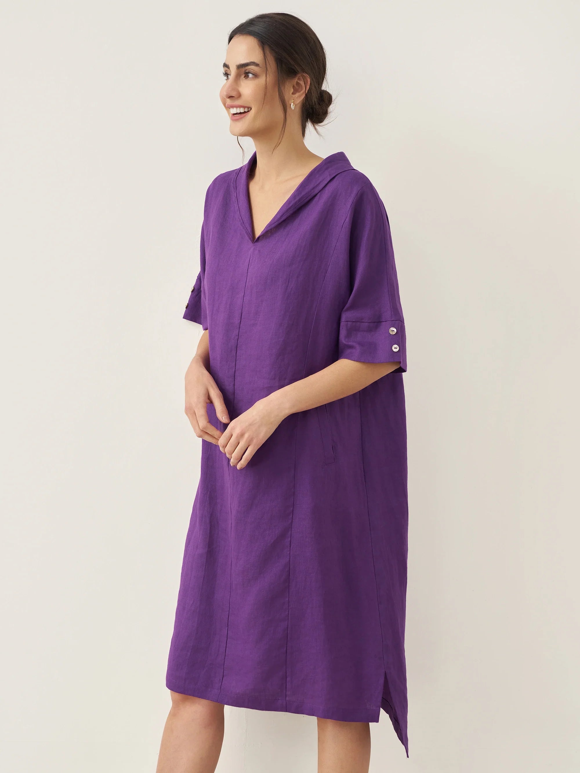 100% Linen V-Neck Pullover Midi Dress - DRESSES-Linen
