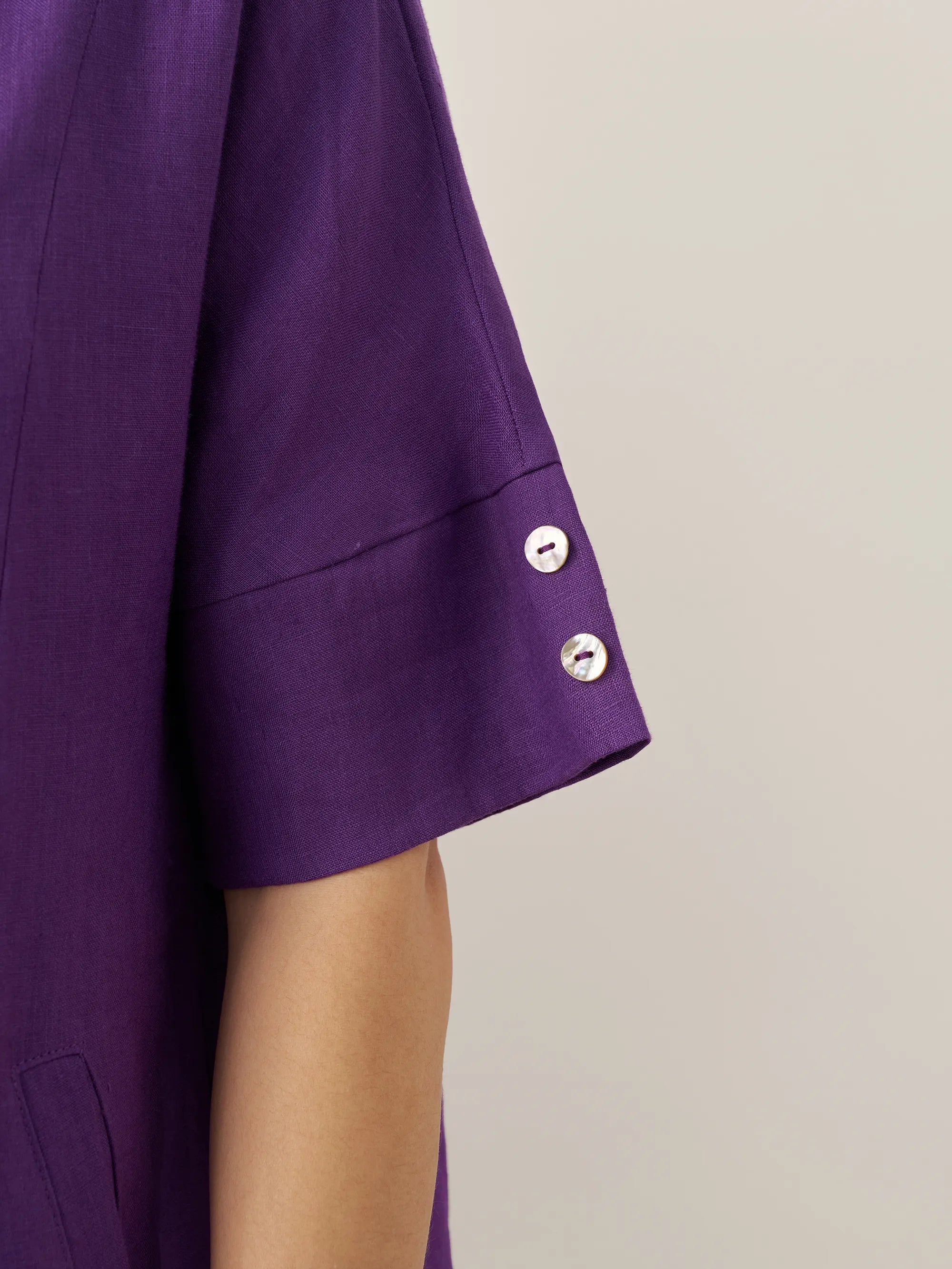 100% Linen V-Neck Pullover Midi Dress - DRESSES-Linen