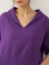 100% Linen V-Neck Pullover Midi Dress - DRESSES-Linen