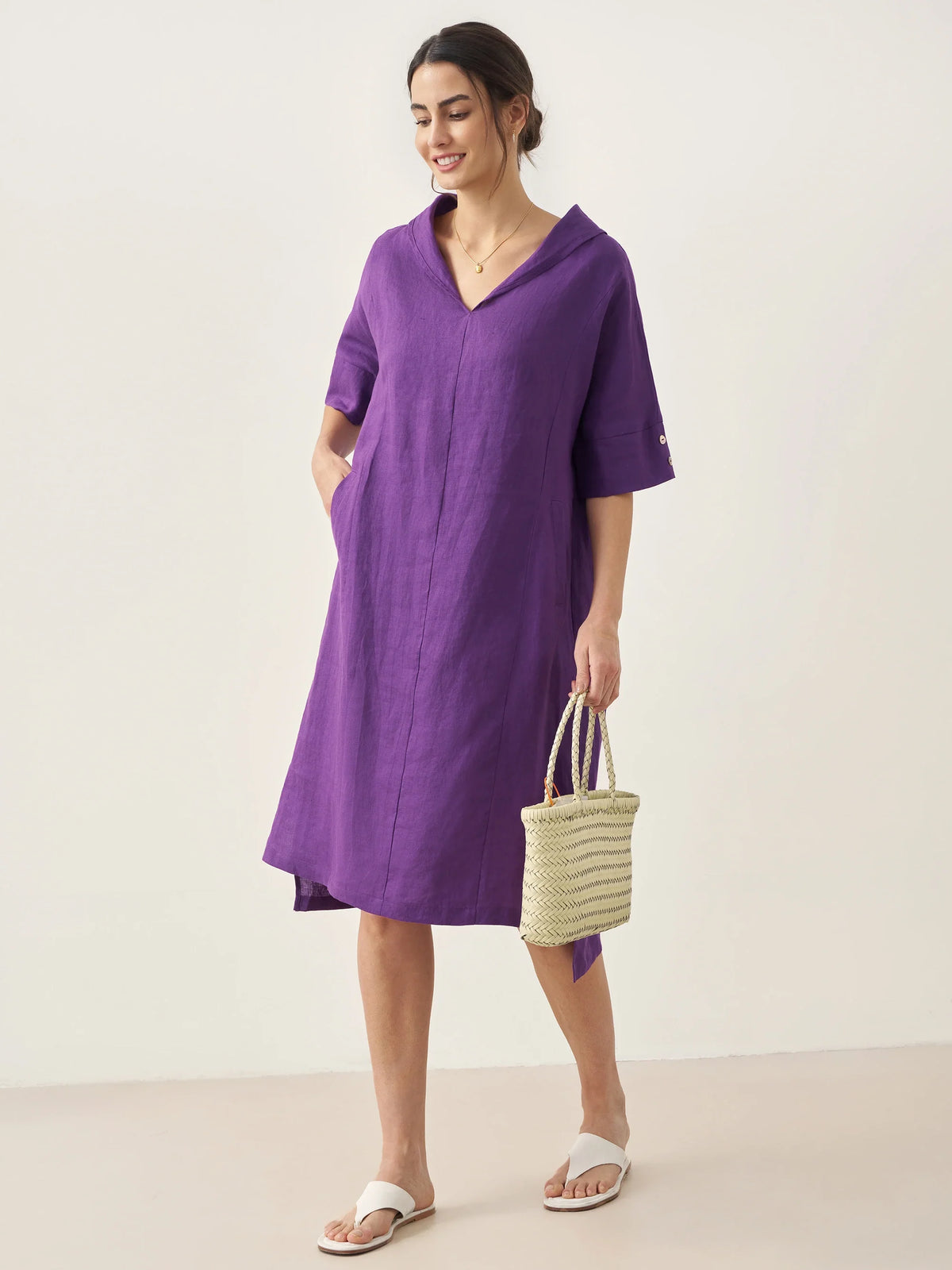 100% Linen V-Neck Pullover Midi Dress - DRESSES-Linen