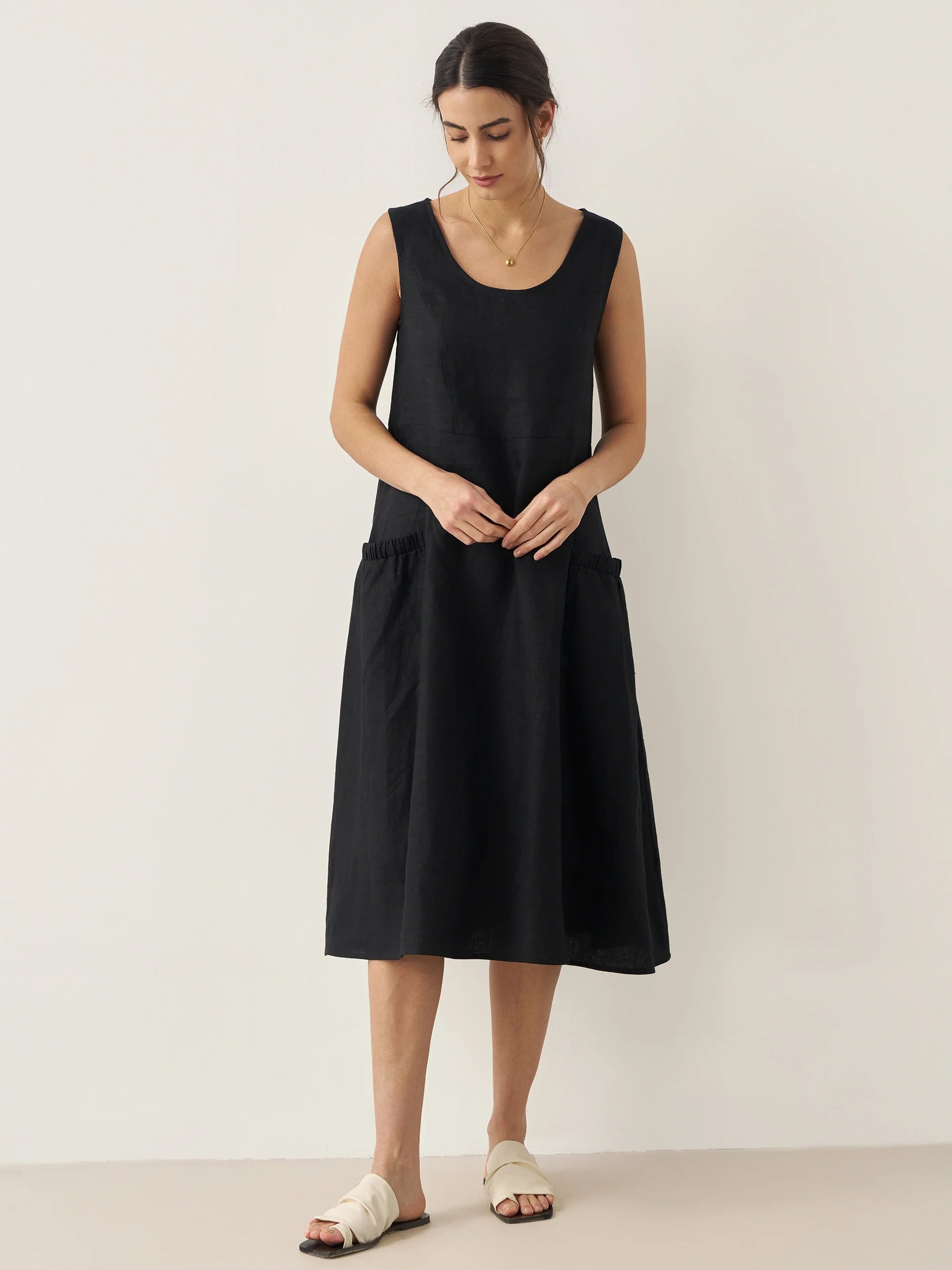 100% Linen Swing Beach Tank Dress GIANA - DRESSES-Linen Midi