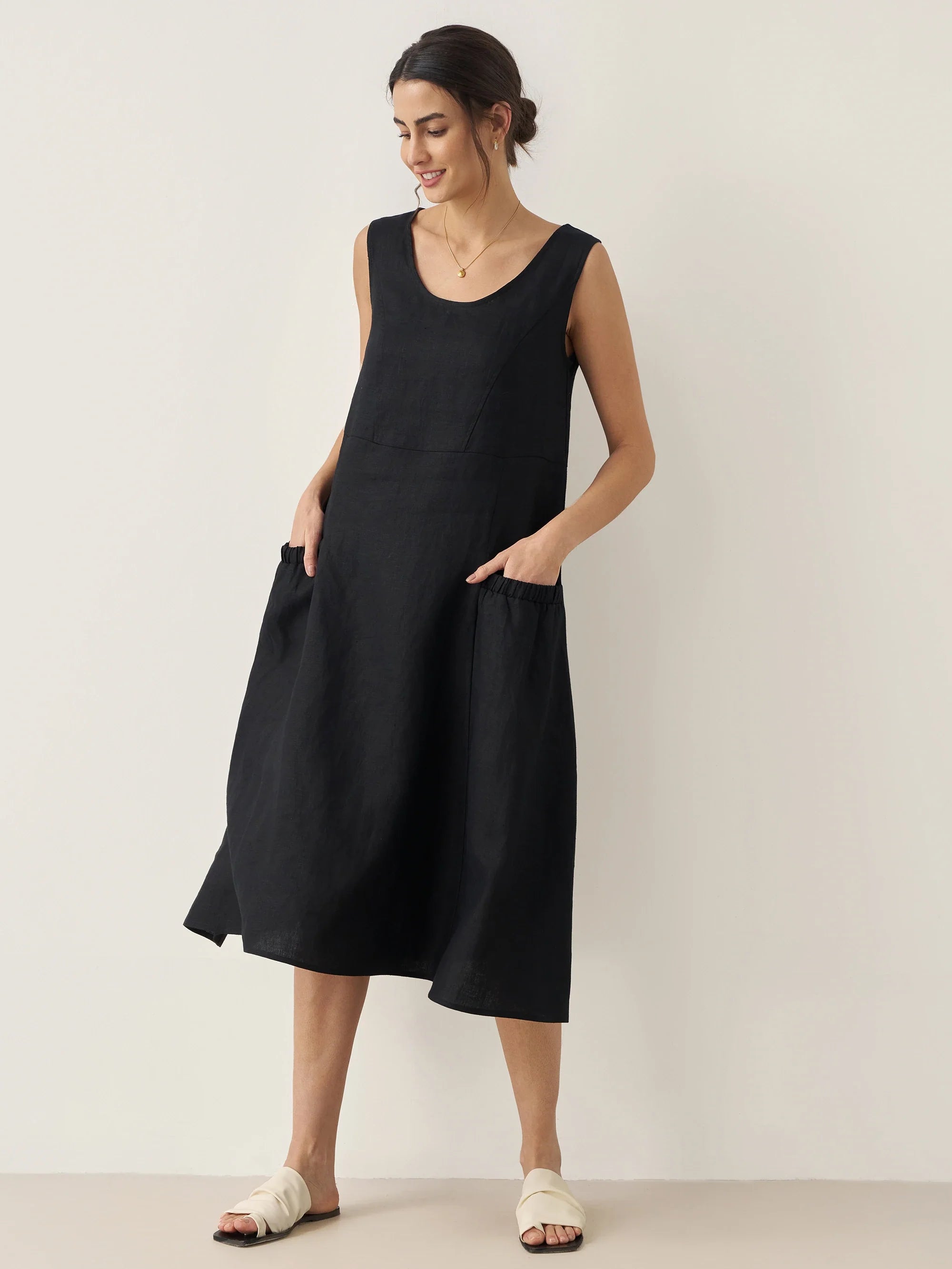 100% Linen Swing Beach Tank Dress GIANA - DRESSES-Linen Midi