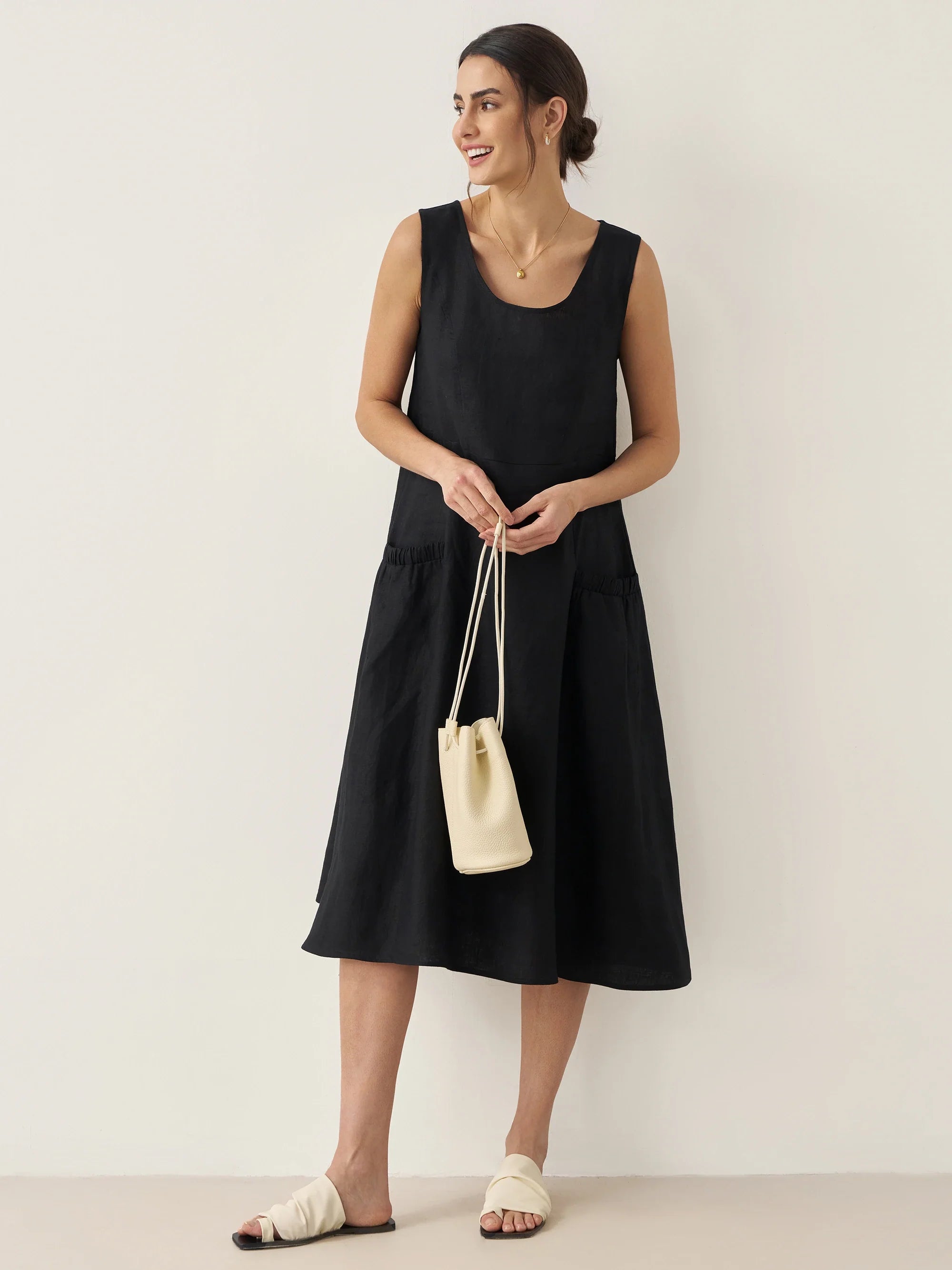 100% Linen Swing Beach Tank Dress GIANA - Charcoal Black / XS - DRESSES-Linen Midi