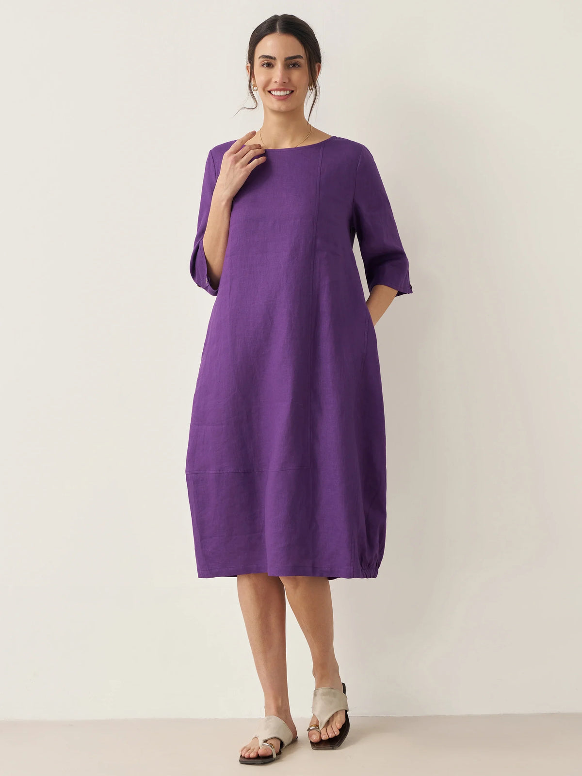 100% Linen Collarless Mid Length Dress SOFIA