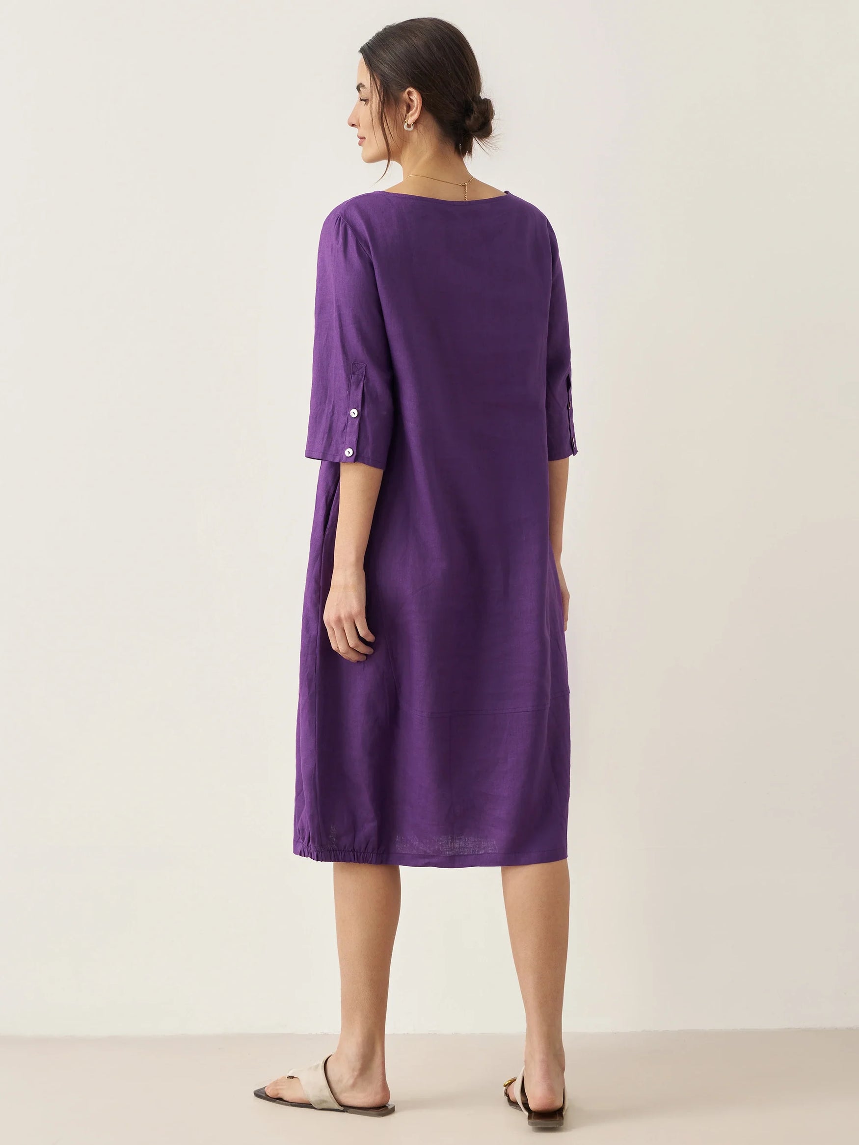 100% Linen Collarless Mid-Length Dress SOFIA - DRESSES-Linen Midi
