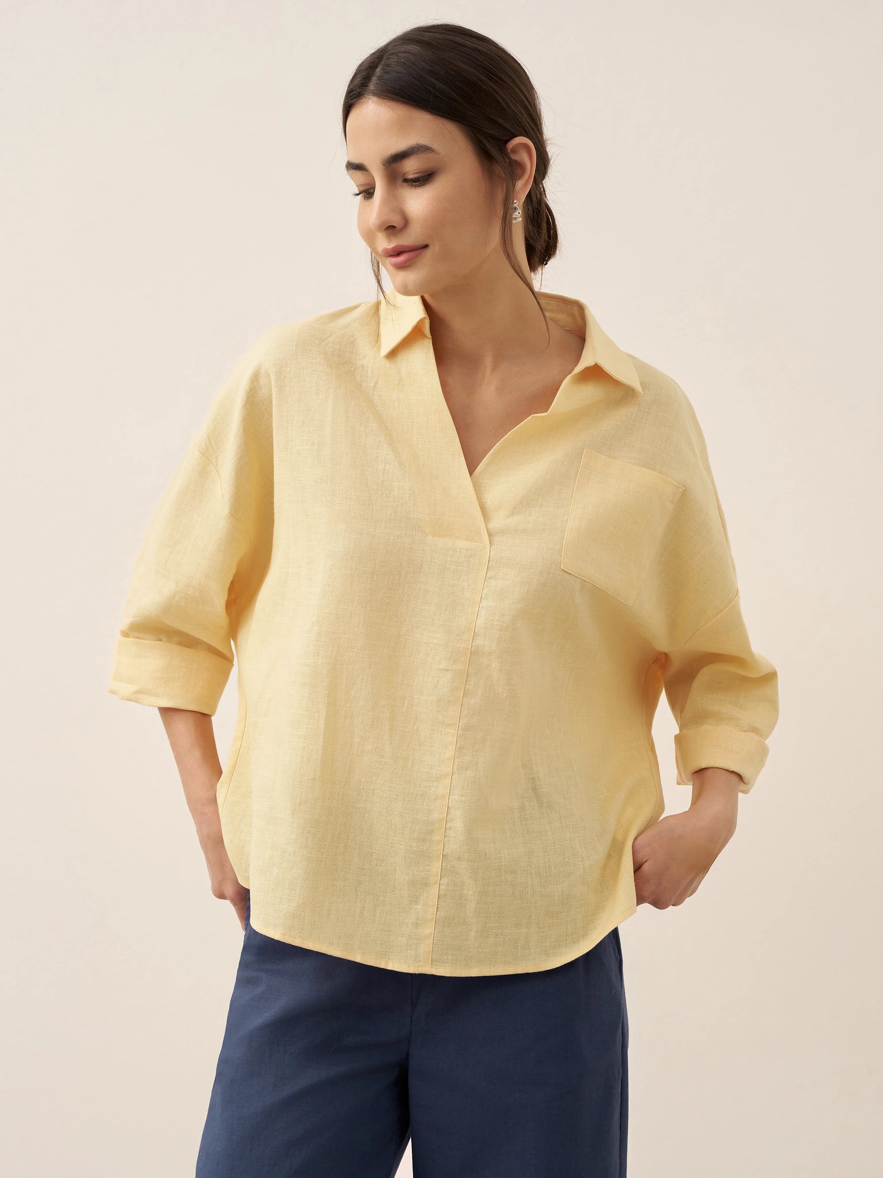 Linen Oversized Fit Pocket Shirt ELOWEN by LINTICO for women