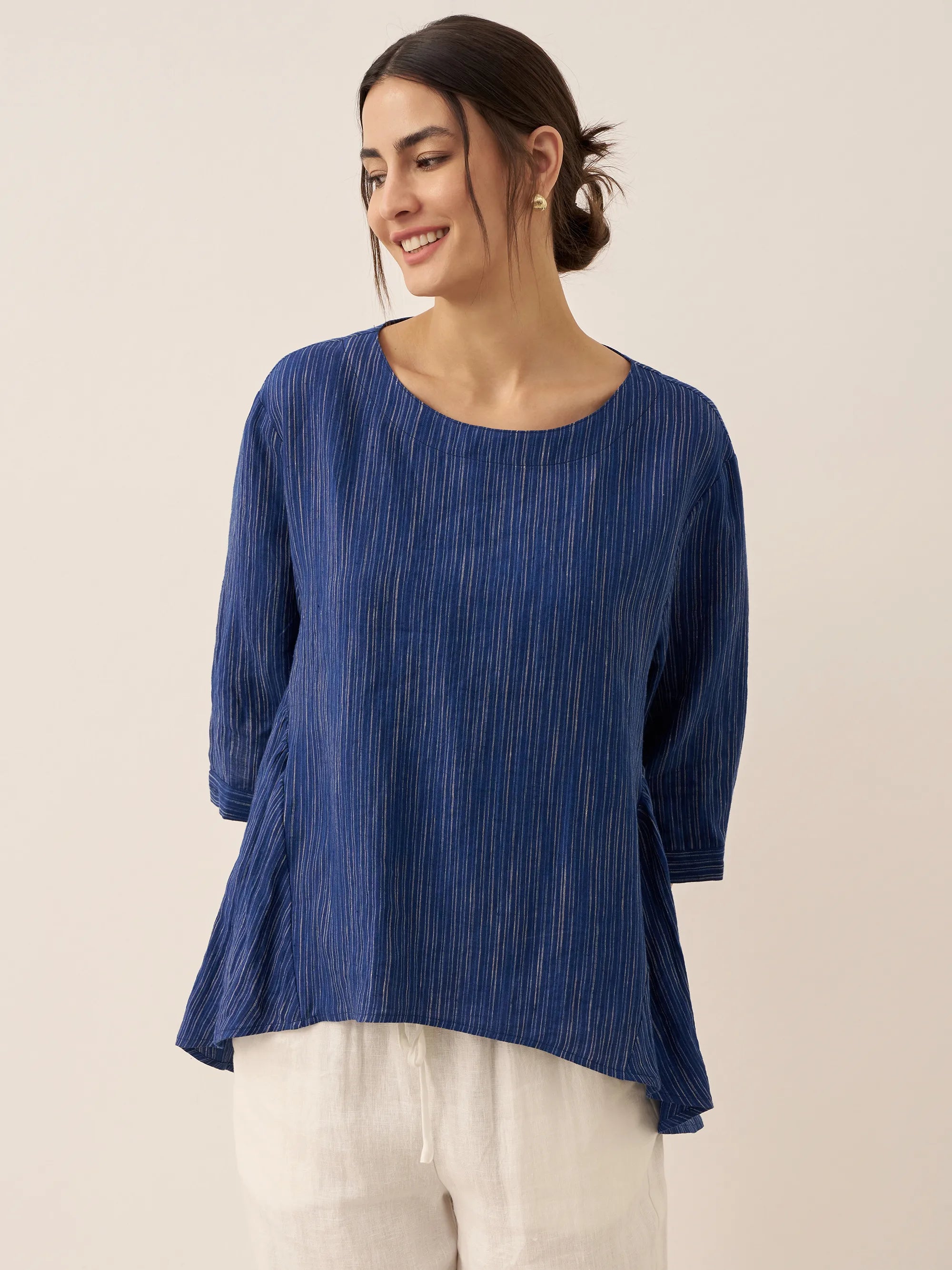 100% Linen Round Neck Artistic Stripe Top