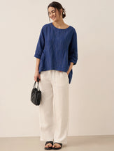 100% Linen Round Neck Artistic Stripe Top FLORENCE by LINTICO for women