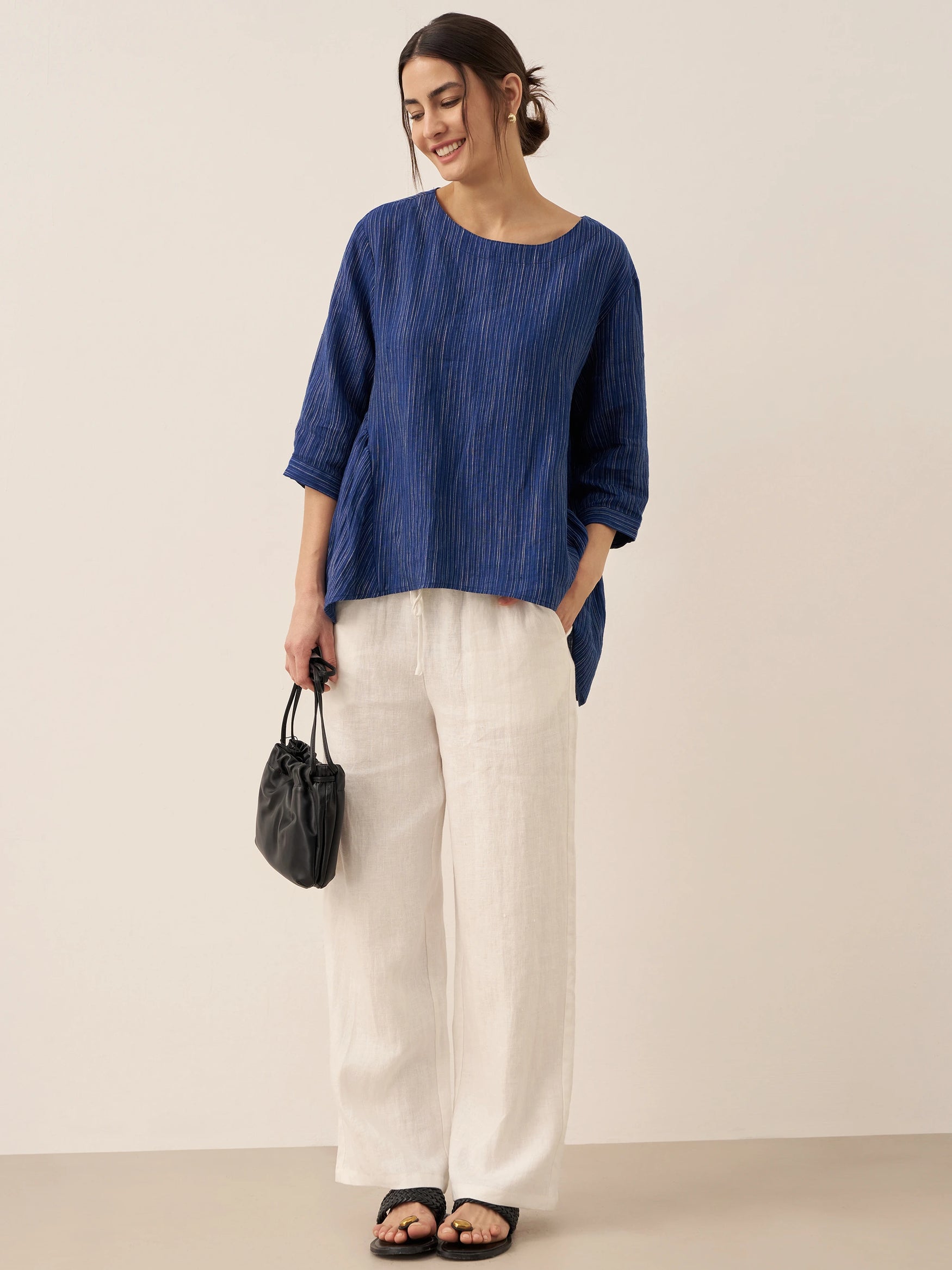 100% Linen Round Neck Artistic Stripe Top FLORENCE by LINTICO for women