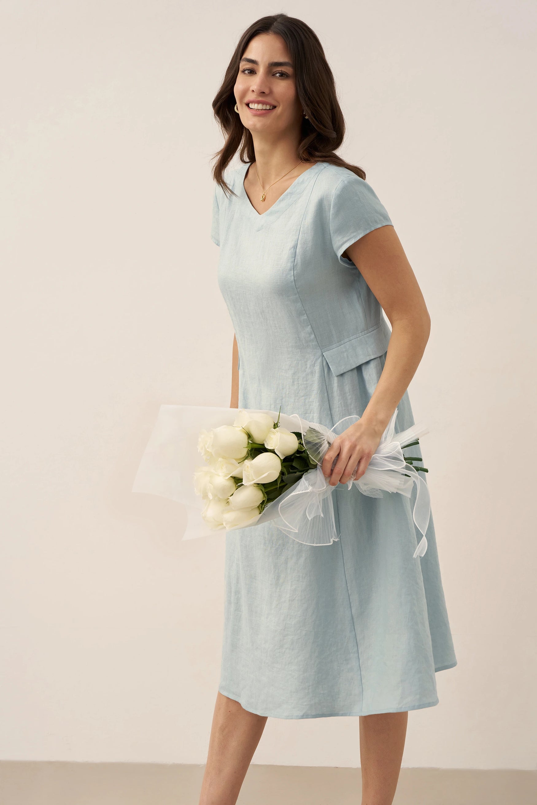 100% Linen Natural Summer V-Neck Dress ALEXA by LINTICO for women