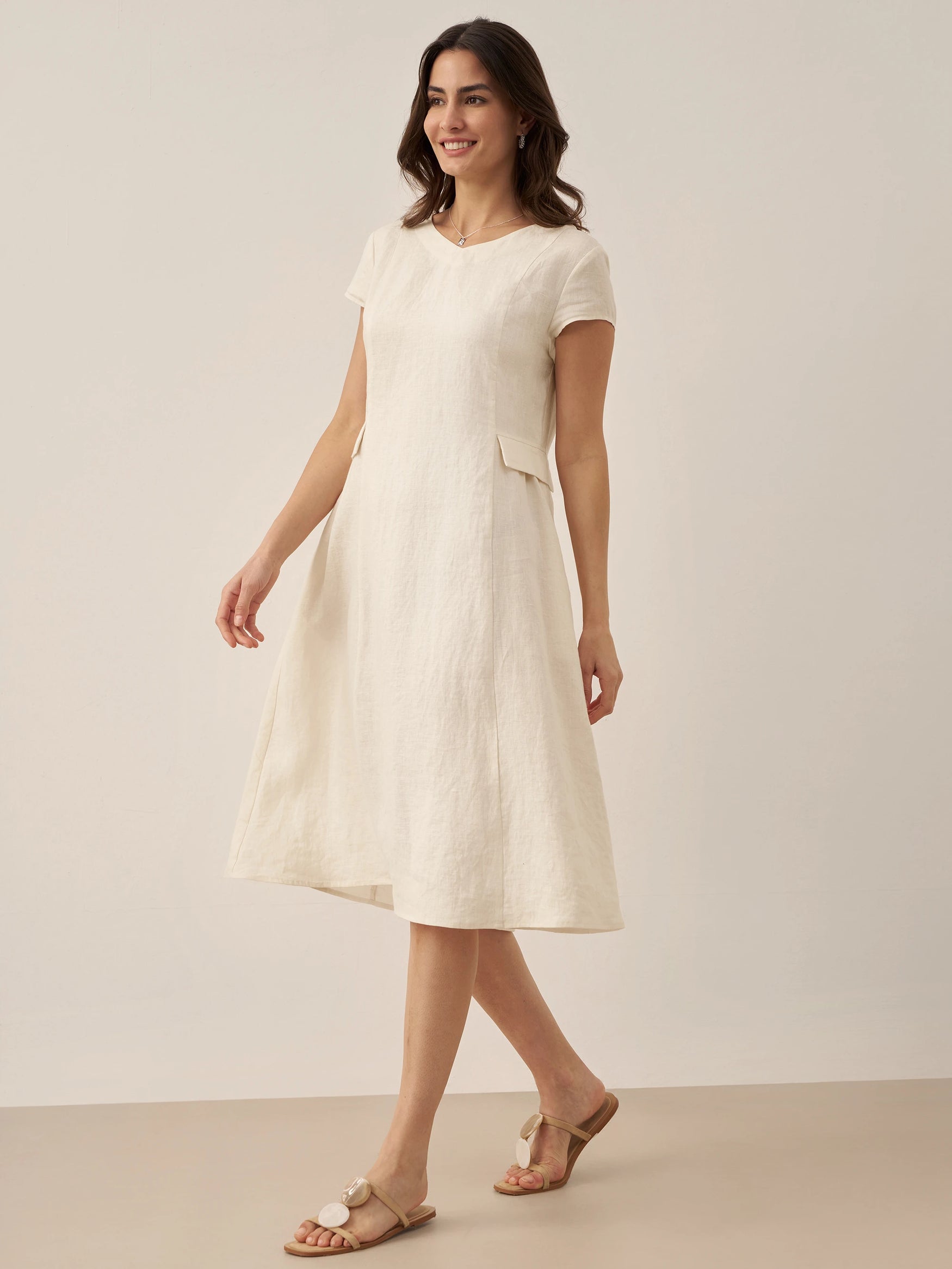 100% Linen Natural Summer V-Neck Dress ALEXA by LINTICO for women