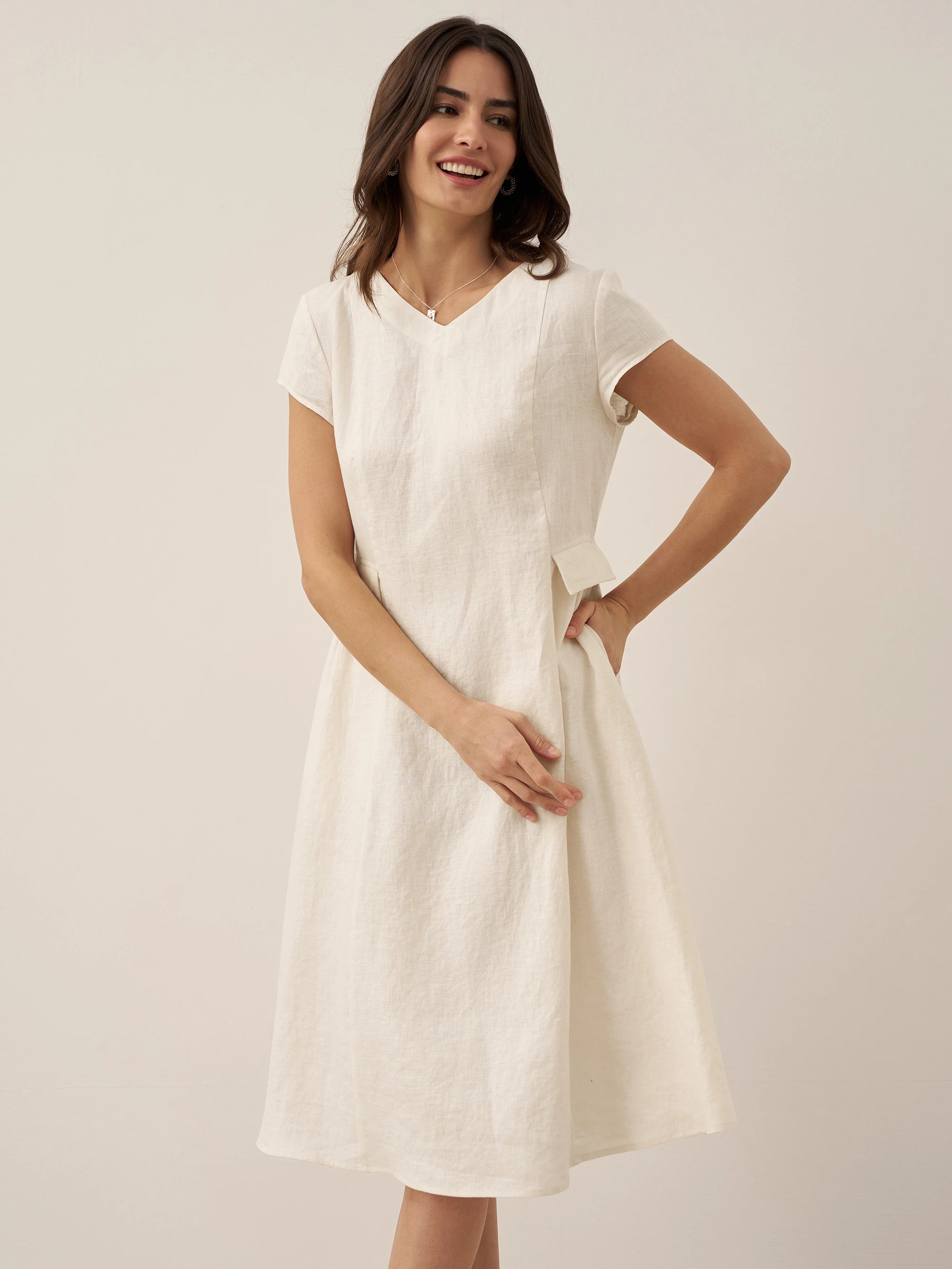 100% Linen Natural Summer V-Neck Dress