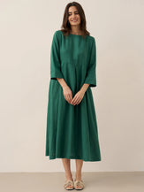 100% Linen Bateau Neck Pleated Midi Dress ABIGAIL by LINTICO for women