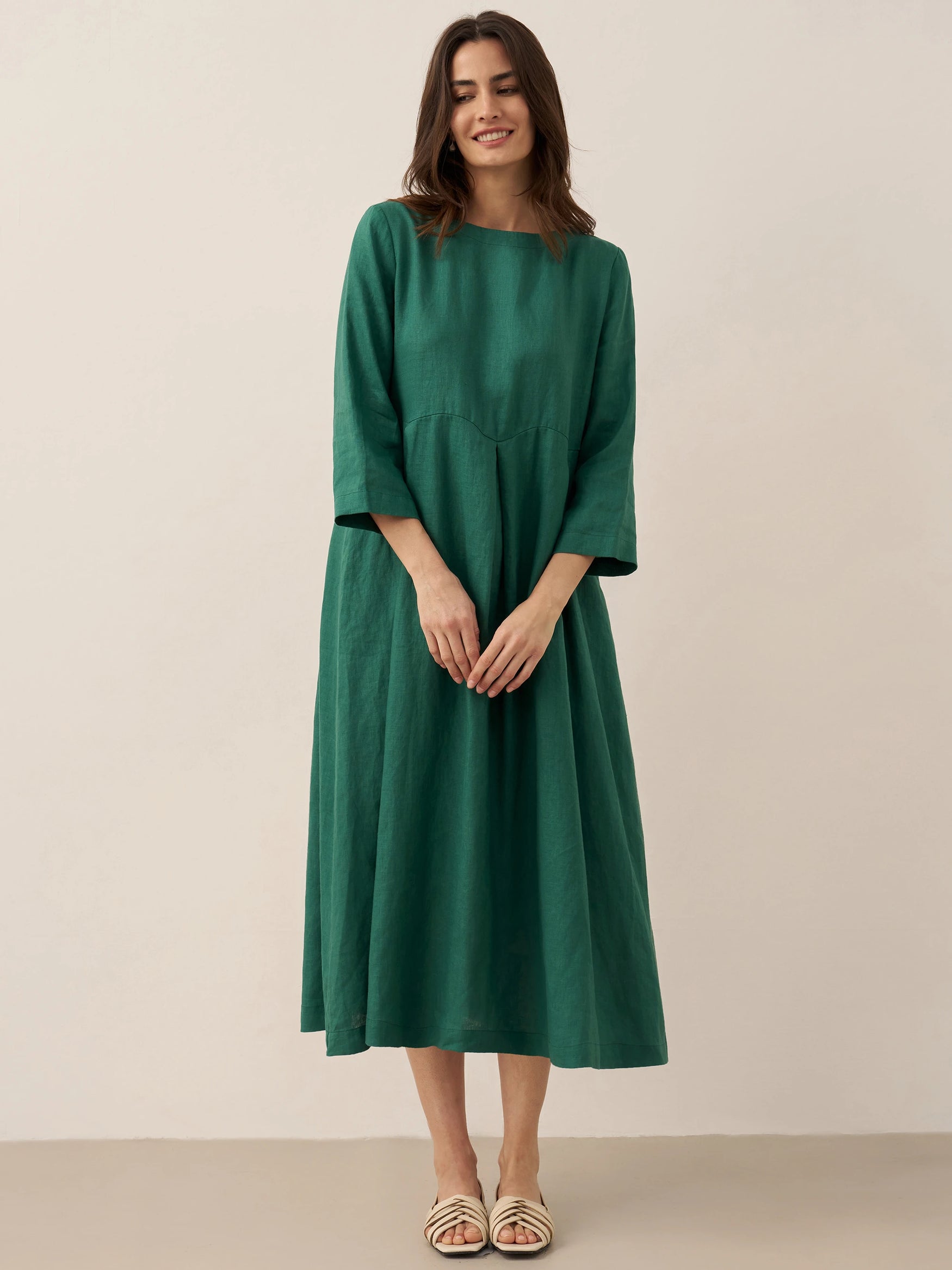 100% Linen Bateau Neck Pleated Midi Dress ABIGAIL by LINTICO for women