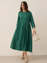 100% Linen Bateau Neck Pleated Midi Dress ABIGAIL by LINTICO for women