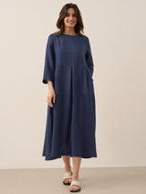 100% Linen Bateau Neck Pleated Midi Dress ABIGAIL by LINTICO for women