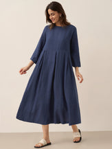 100% Linen Bateau Neck Pleated Midi Dress ABIGAIL by LINTICO for women
