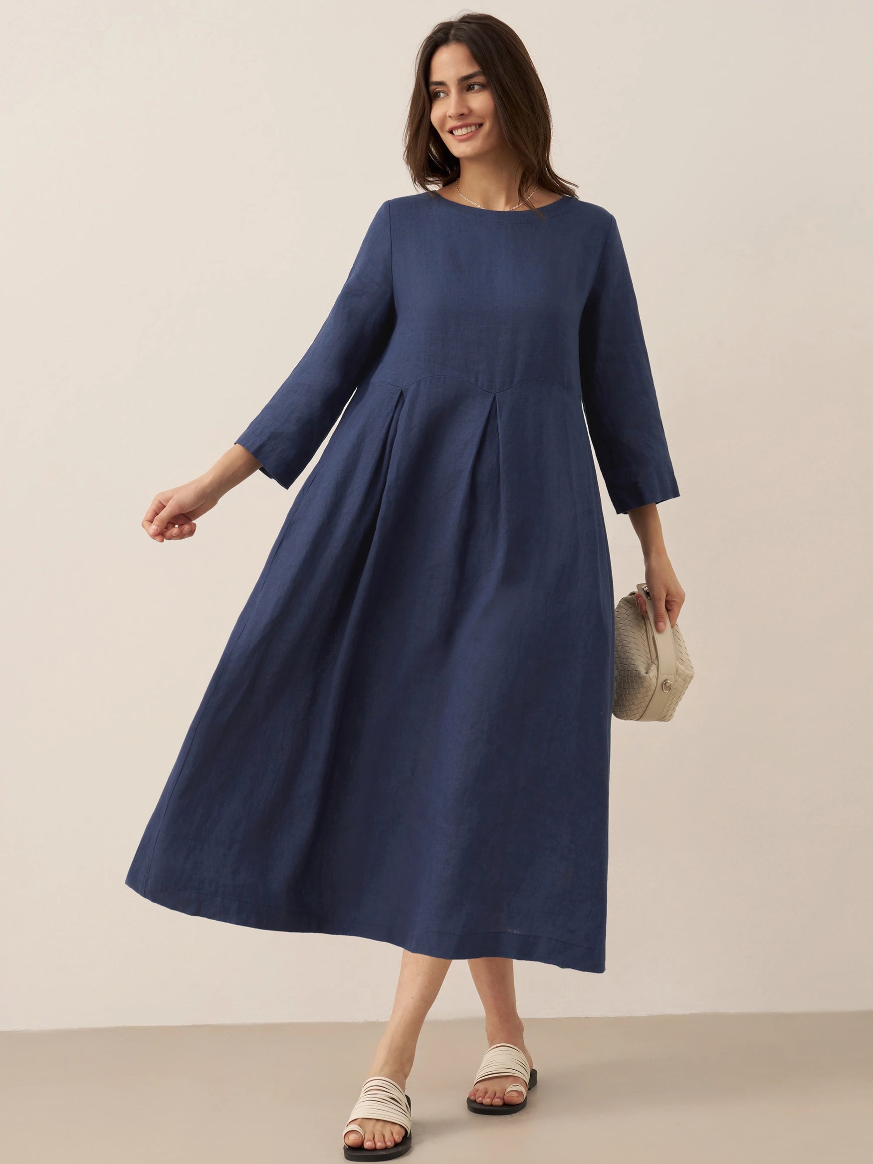 100% Linen Bateau Neck Pleated Midi Dress ABIGAIL by LINTICO for women