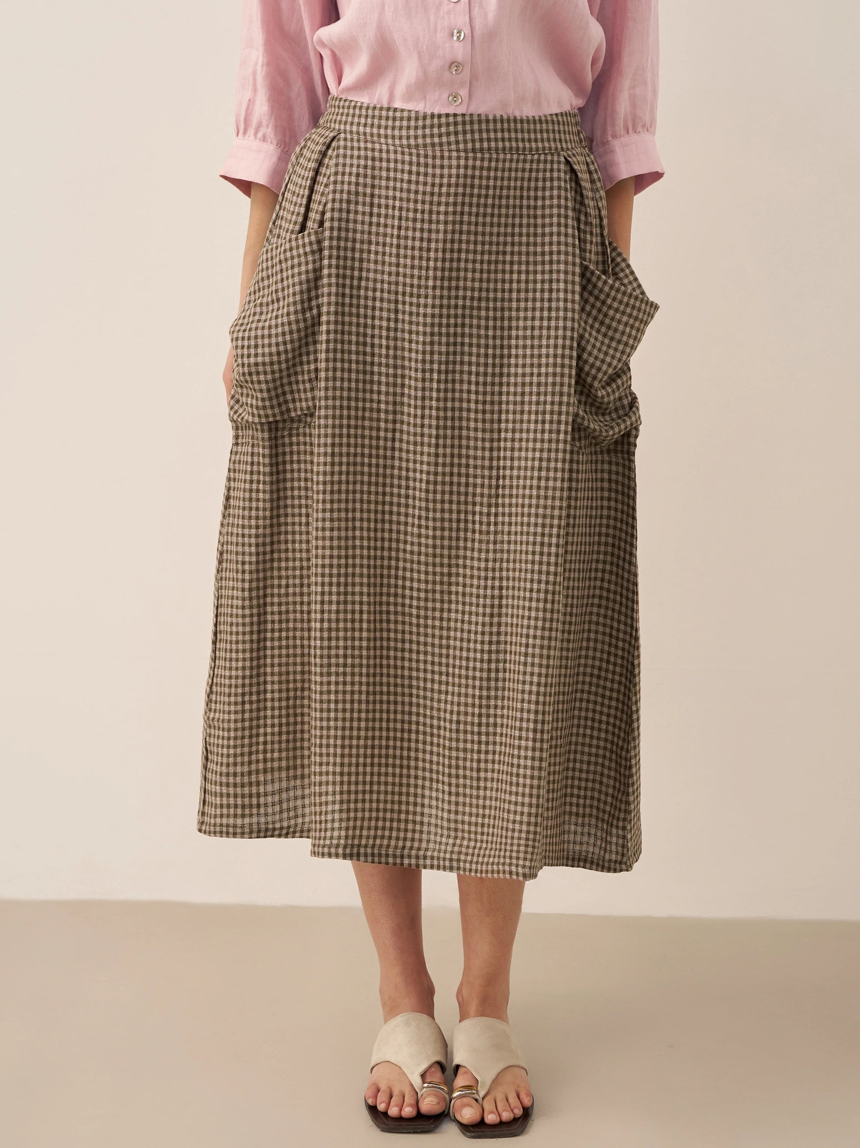 Linen Checked Elastic Waist Skirt MARINA by LINTICO for women